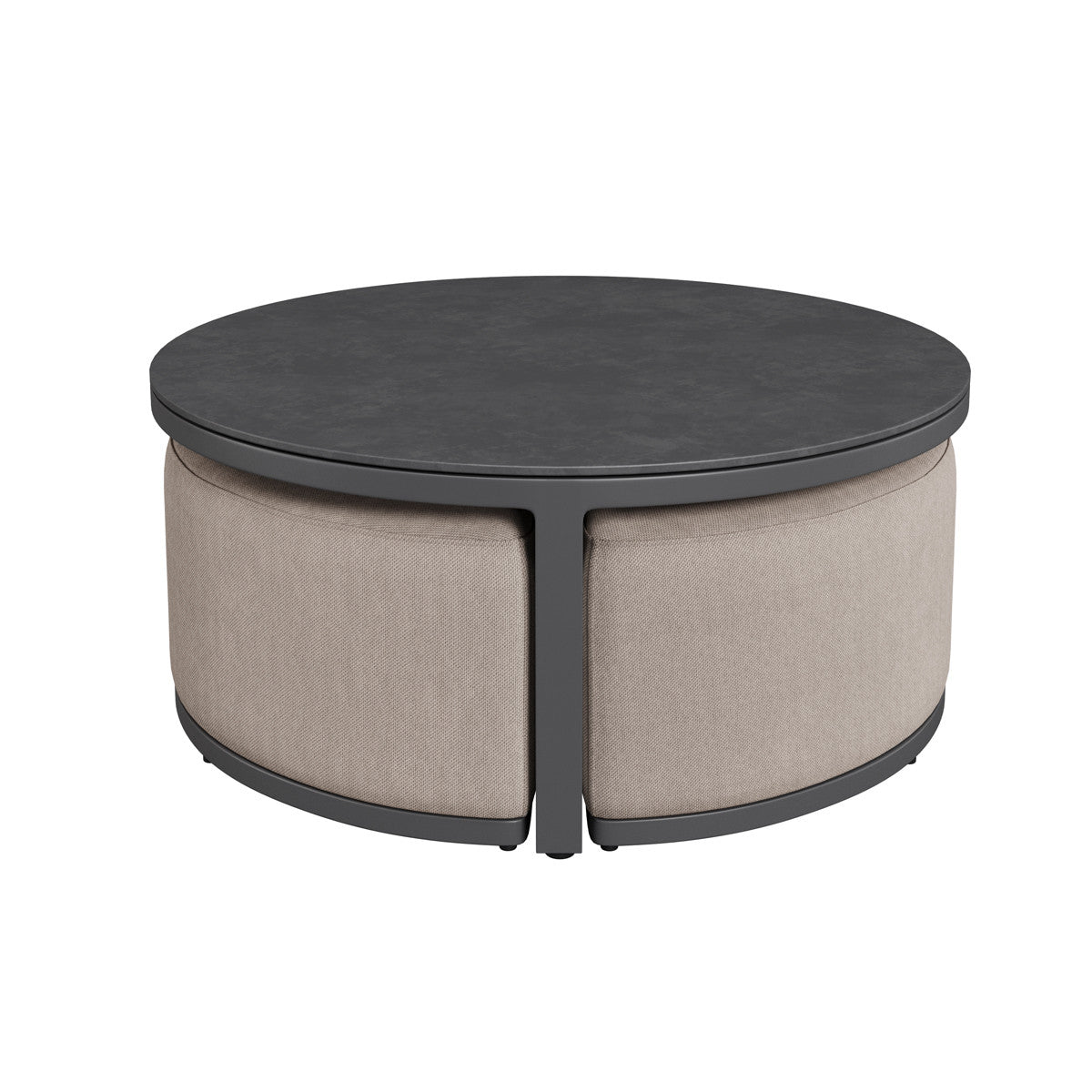 Oatmeal Beige Round Coffee Table with x3 Footstools