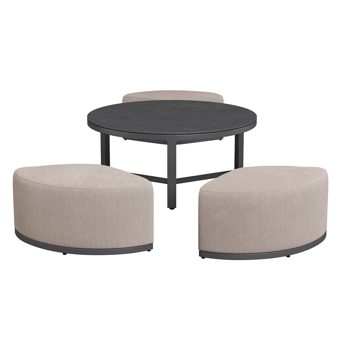 Oatmeal Beige Round Coffee Table with x3 Footstools
