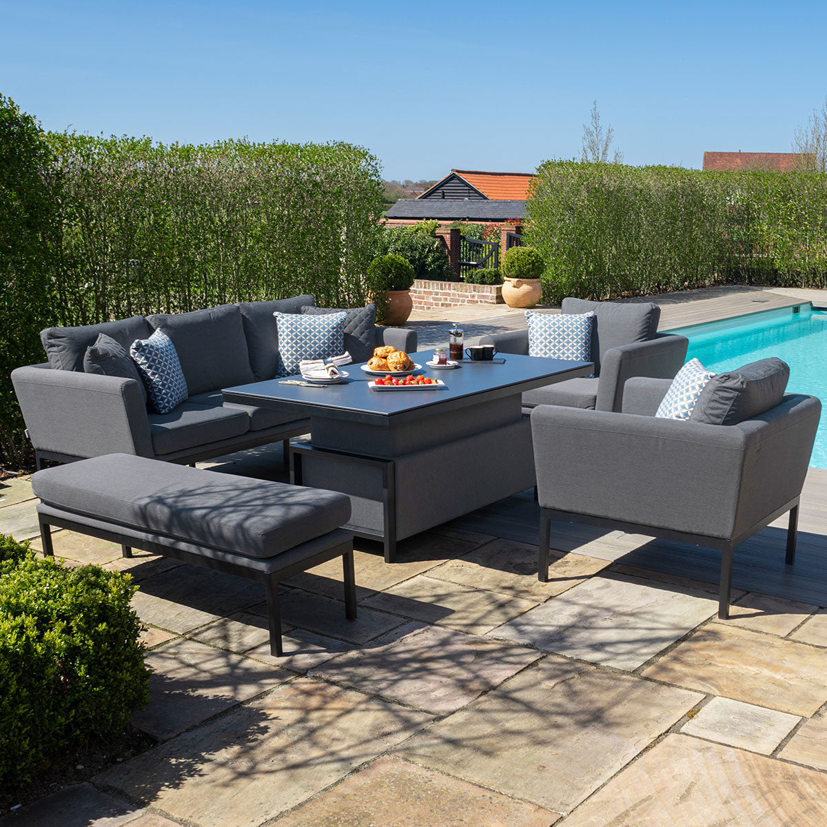 Maze Pulse Flanelle Grey Outdoor Sofa Dining Set with Rising Table | 6 Seater
