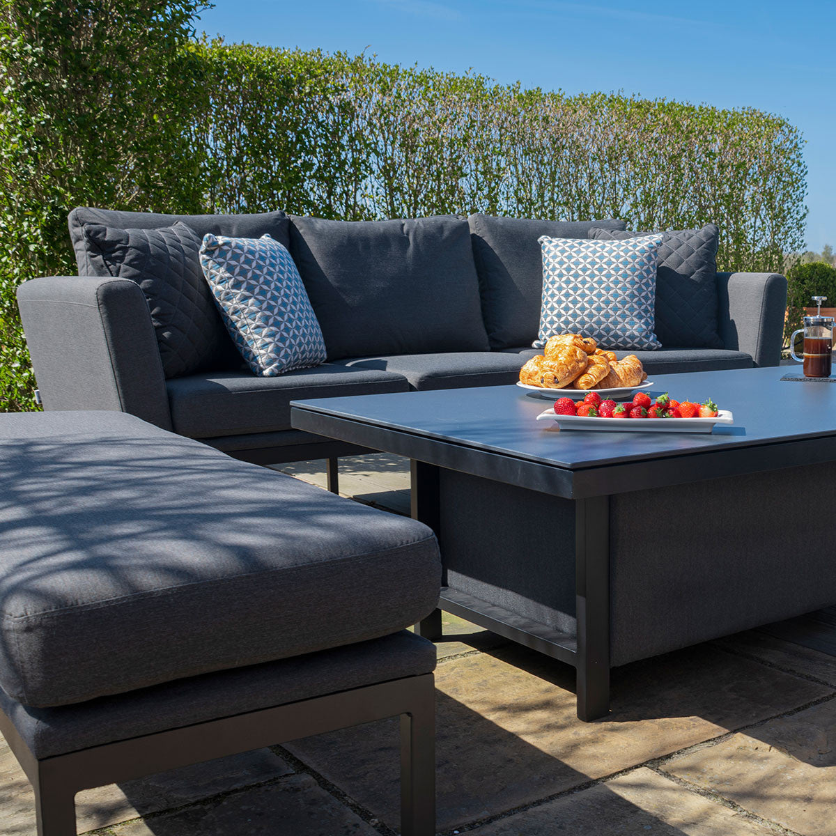 Maze Pulse Flanelle Grey Outdoor Sofa Dining Set with Rising Table | 6 Seater