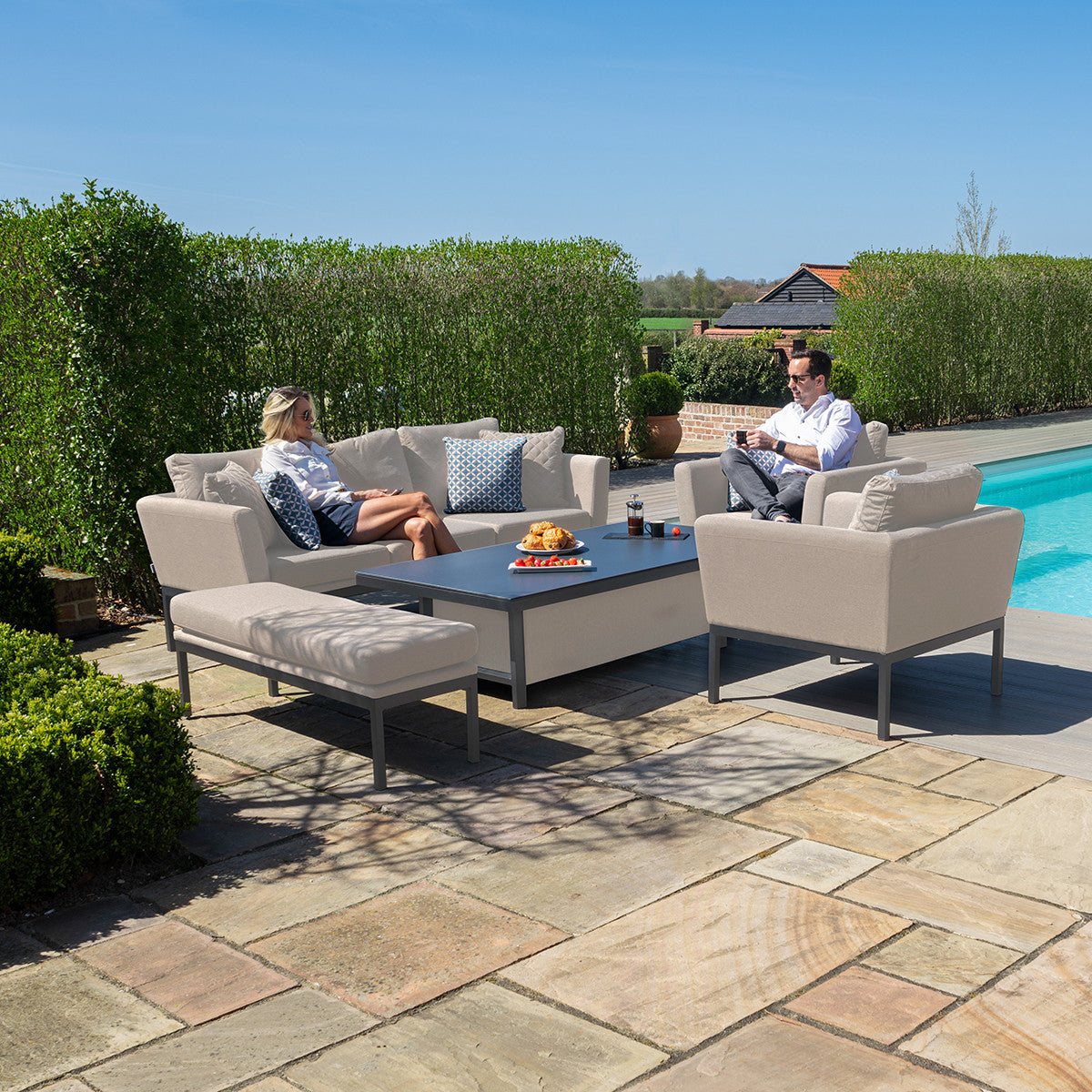 Pulse Oatmeal Beige Outdoor Sofa Dining Set with Rising Table | 6 Seater