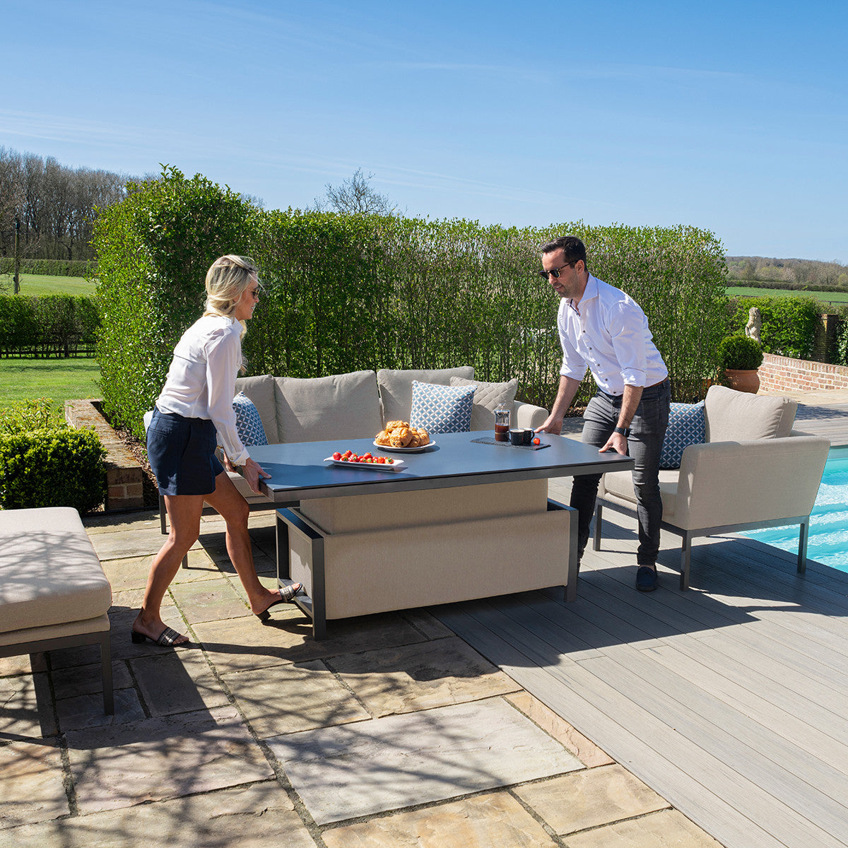 Pulse Oatmeal Beige Outdoor Sofa Dining Set with Rising Table | 6 Seater