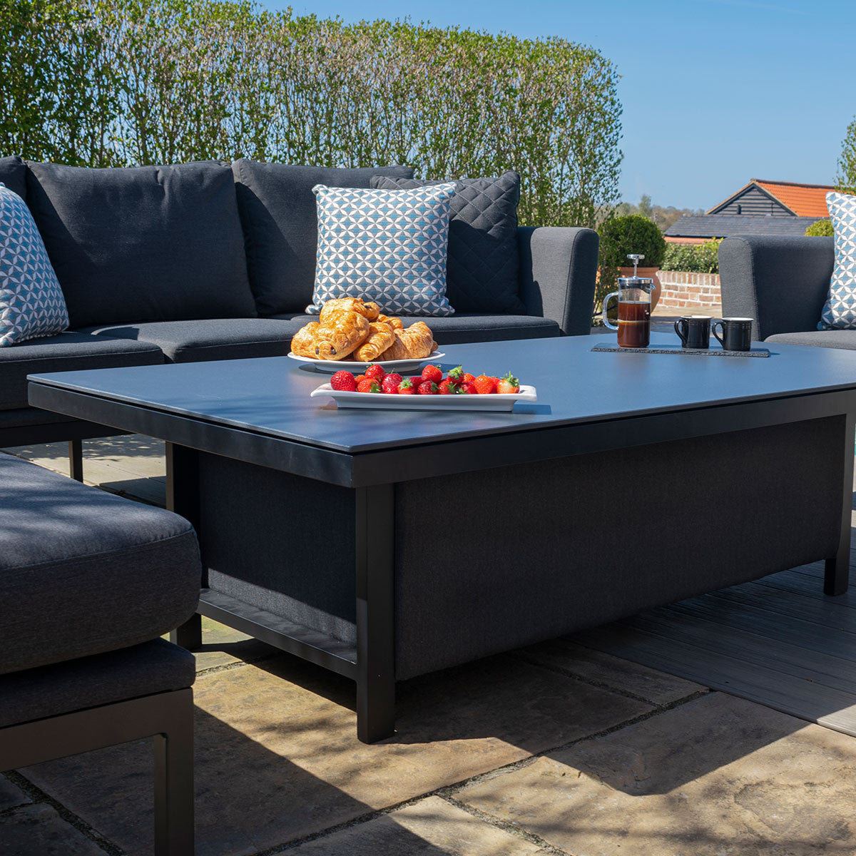 Maze Pulse Charcoal Black Outdoor Sofa Dining Set with Rising Table | 6 Seater