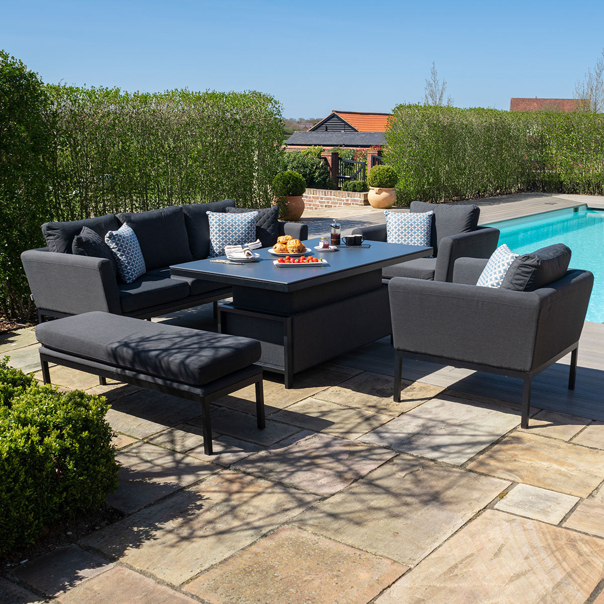 Maze Pulse Charcoal Black Outdoor Sofa Dining Set with Rising Table | 6 Seater