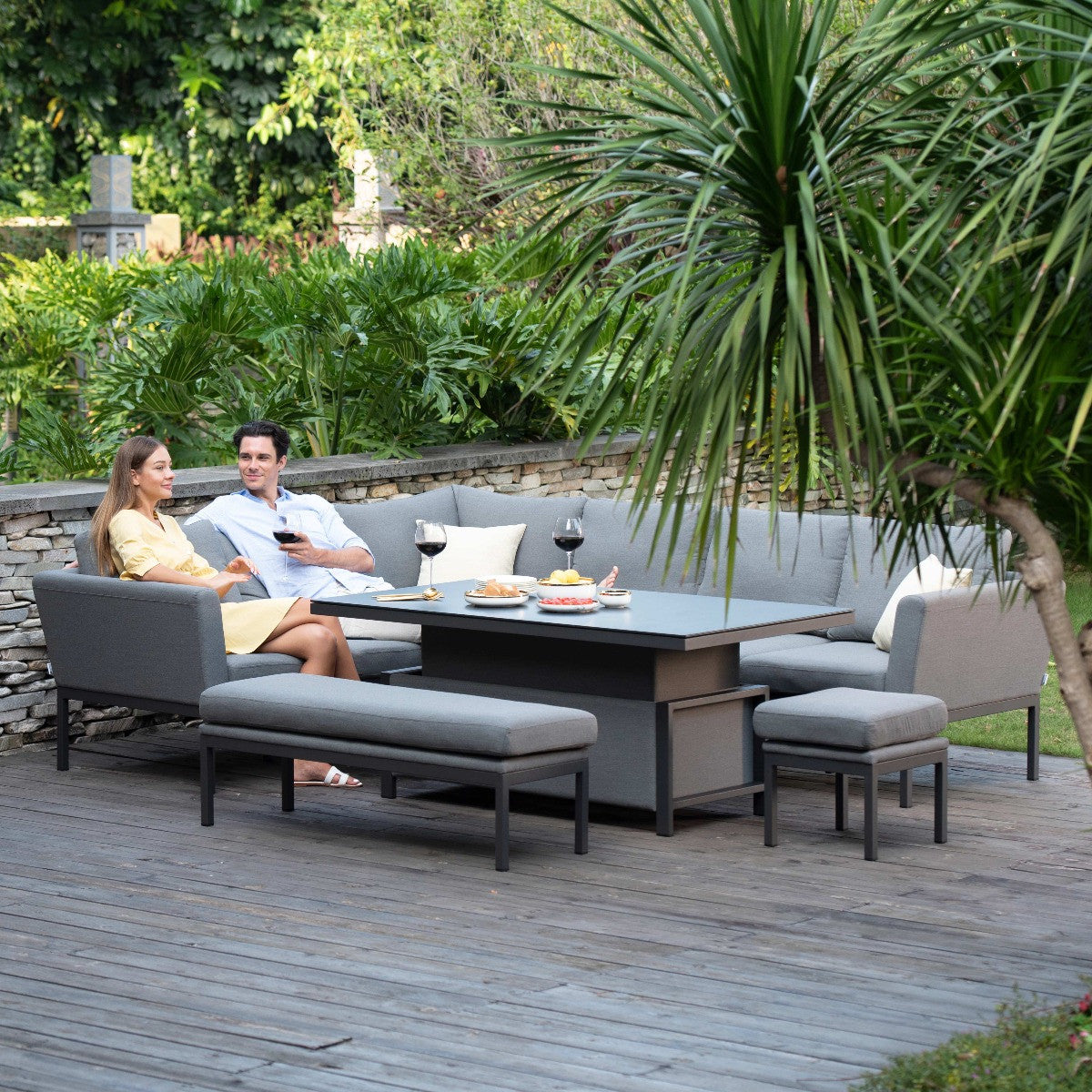 Maze Pulse Flanelle Grey Rectangular Outdoor Corner Sofa Dining Set with Rising Table | 8-10 Seater