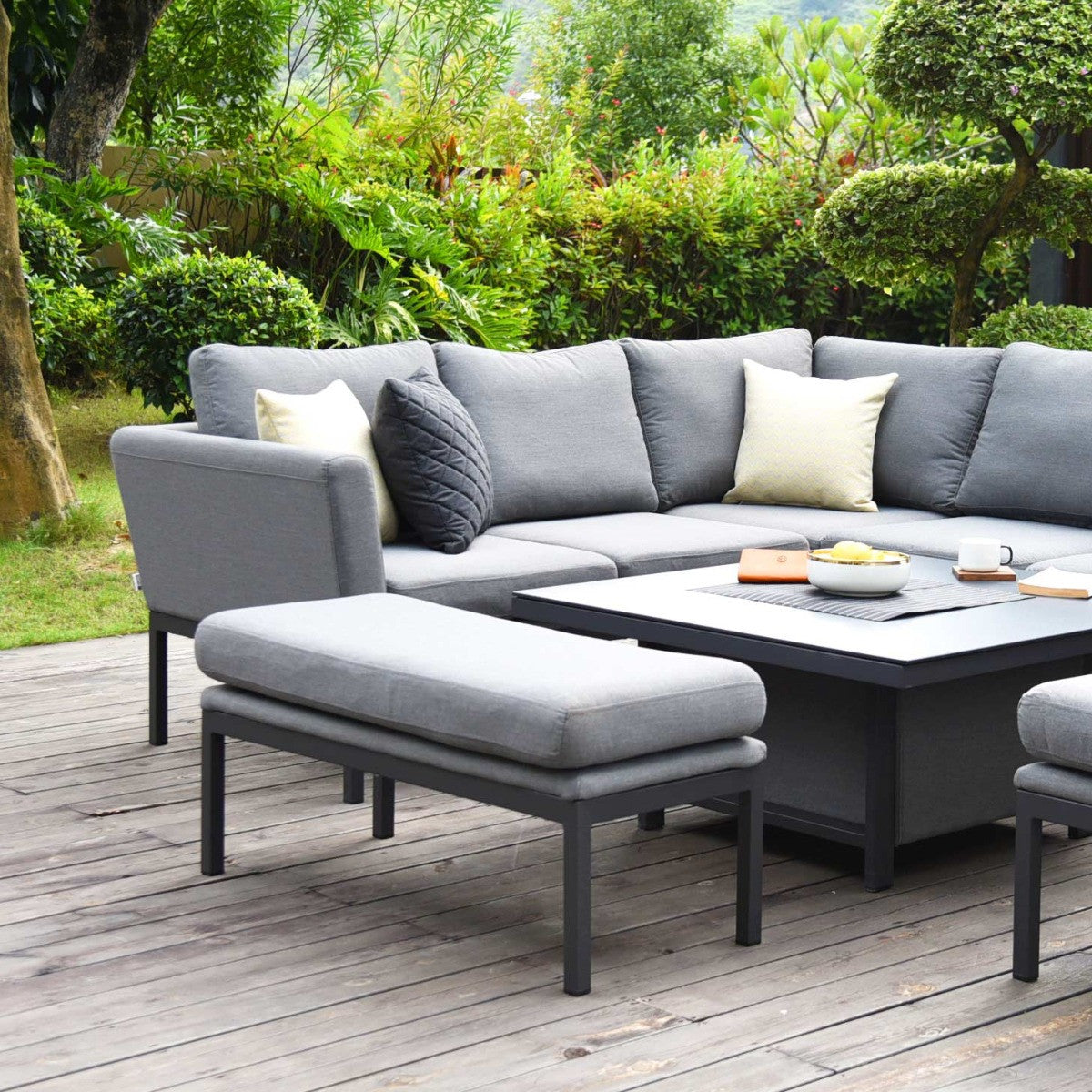 Maze Pulse Flanelle Grey Square Outdoor Corner Sofa Dining Set with Rising Table | 8-10 Seater