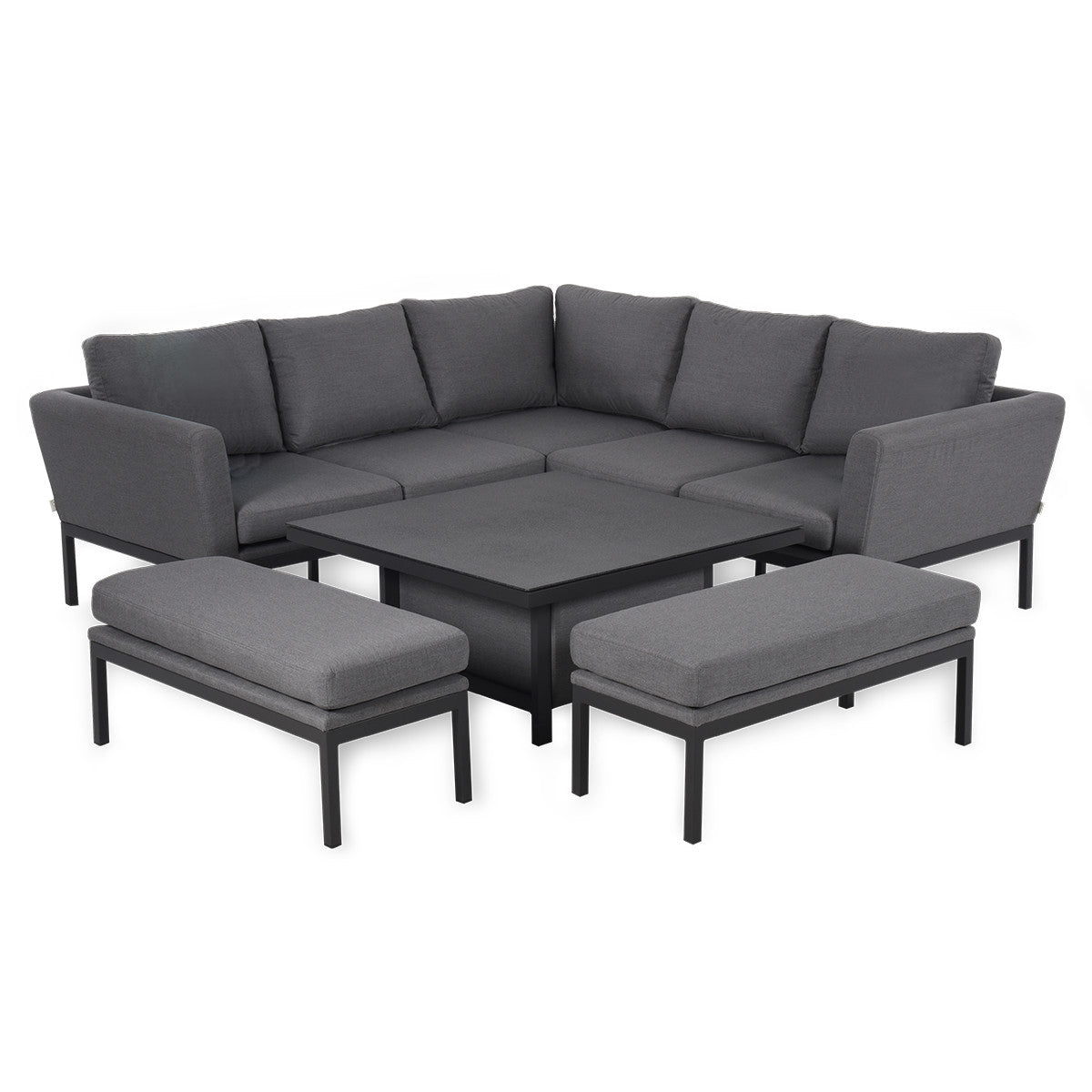 Maze Pulse Flanelle Grey Square Outdoor Corner Sofa Dining Set with Rising Table | 8-10 Seater