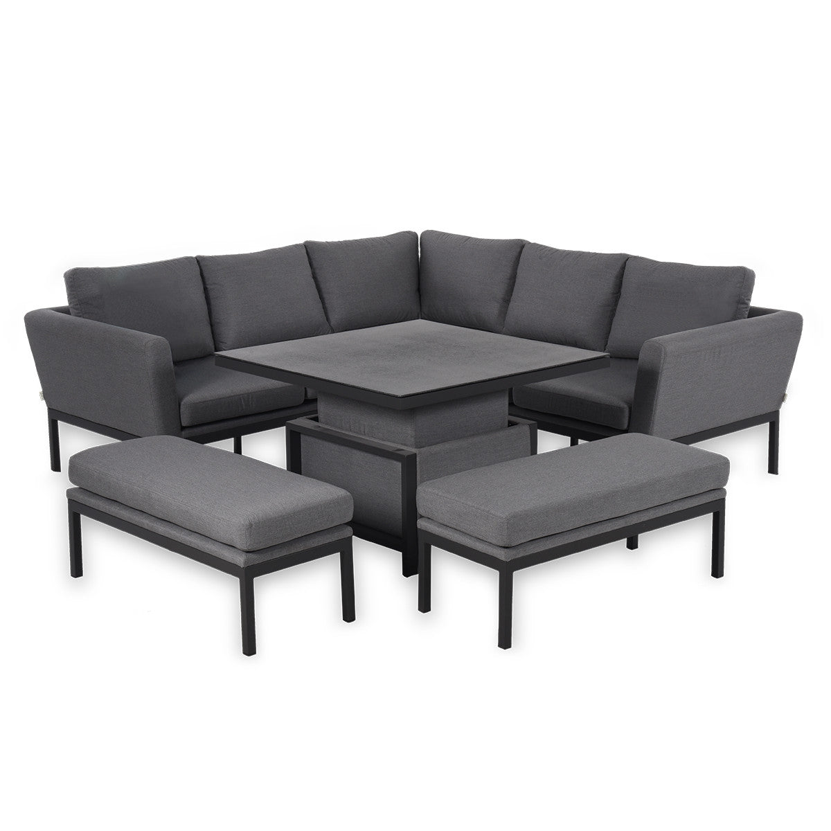 Maze Pulse Flanelle Grey Square Outdoor Corner Sofa Dining Set with Rising Table | 8-10 Seater