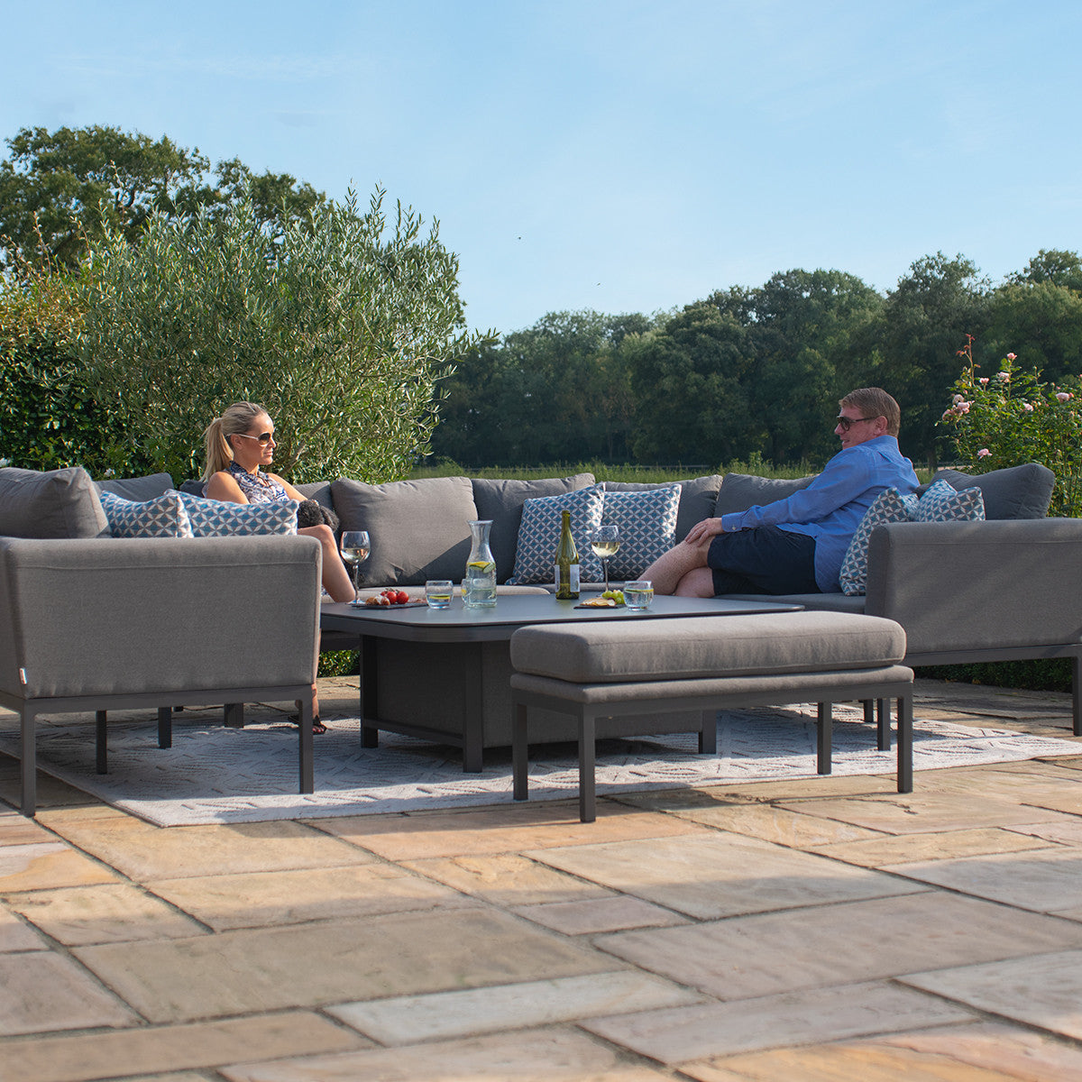 Maze Pulse Flanelle Grey Square Outdoor U Shape Sofa Dining Set with Rising Table | 8-10 Seater