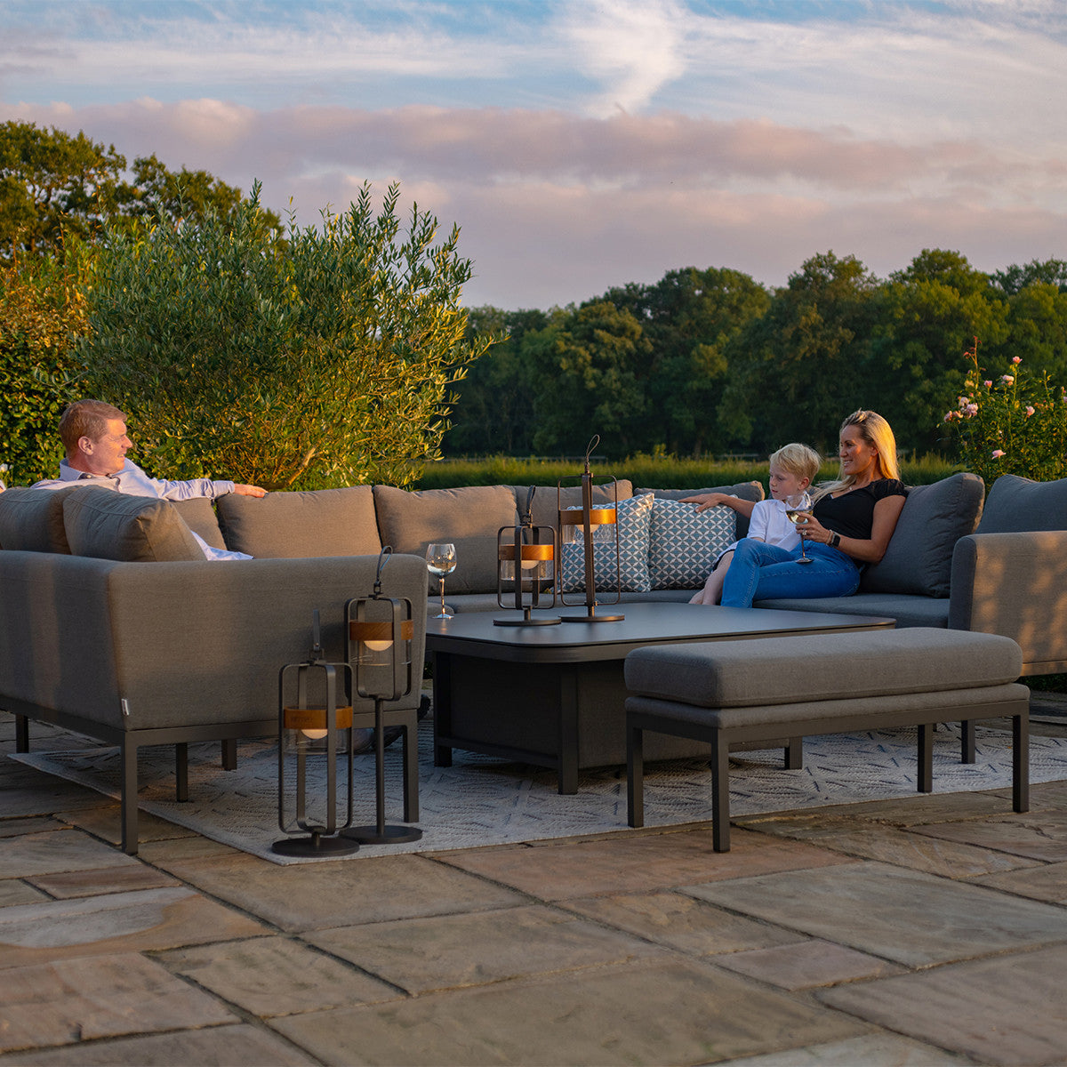 Maze Pulse Flanelle Grey Square Outdoor U Shape Sofa Dining Set with Rising Table | 8-10 Seater