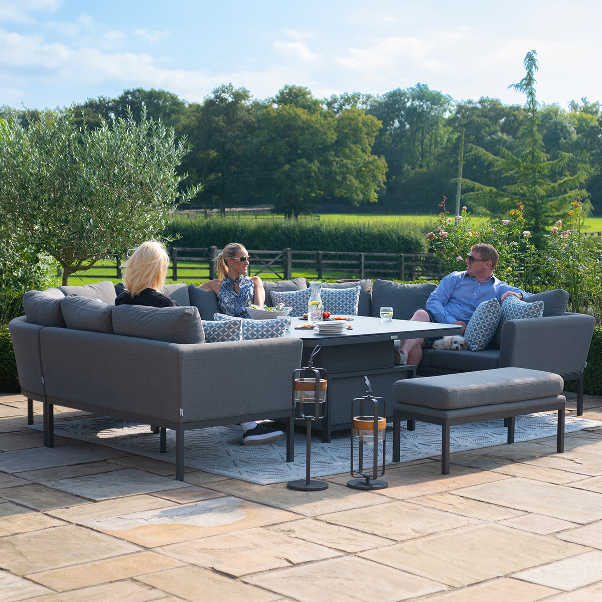 Maze Pulse Flanelle Grey Square Outdoor U Shape Sofa Dining Set with Rising Table | 8-10 Seater