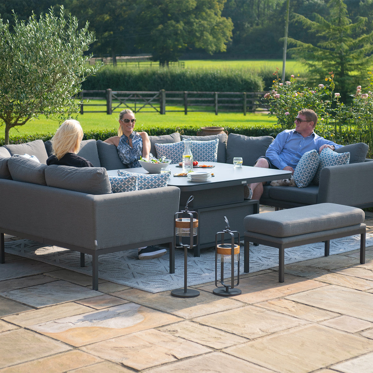 Maze Pulse Flanelle Grey Square Outdoor U Shape Sofa Dining Set with Rising Table | 8-10 Seater