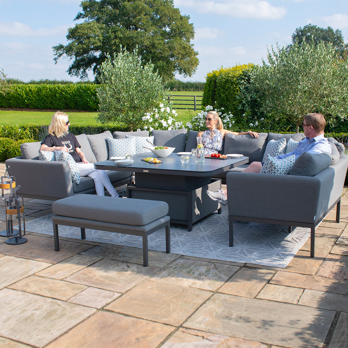 Maze Pulse Flanelle Grey Square Outdoor U Shape Sofa Dining Set with Rising Table | 8-10 Seater