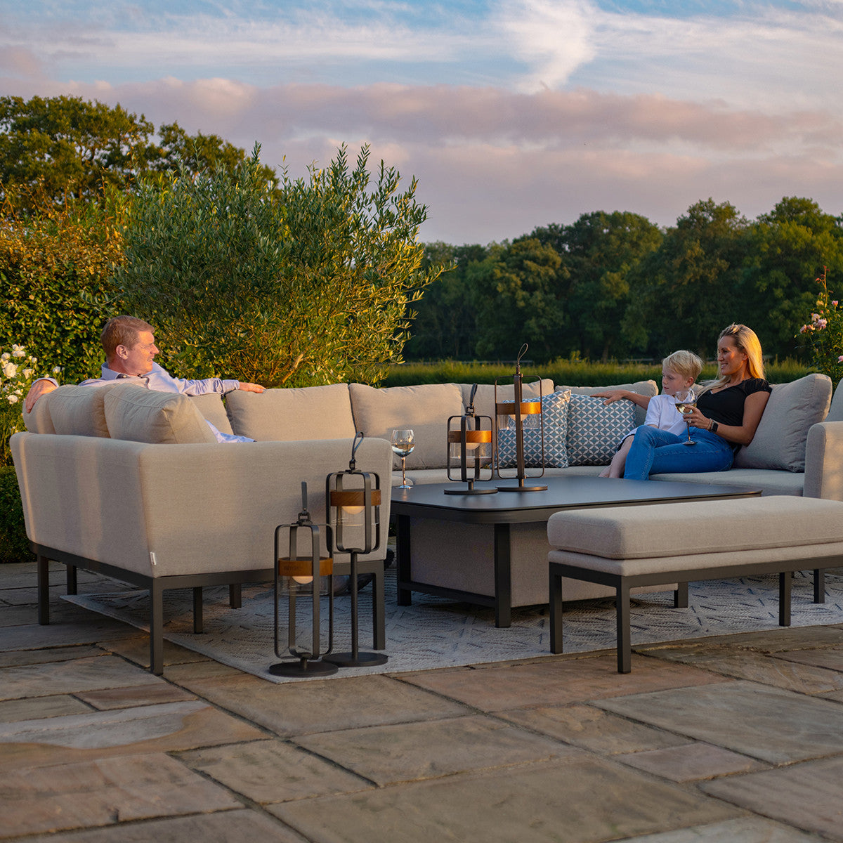Pulse Oatmeal Beige Square Outdoor U Shape Sofa Dining Set with Rising Table | 8-10 Seater
