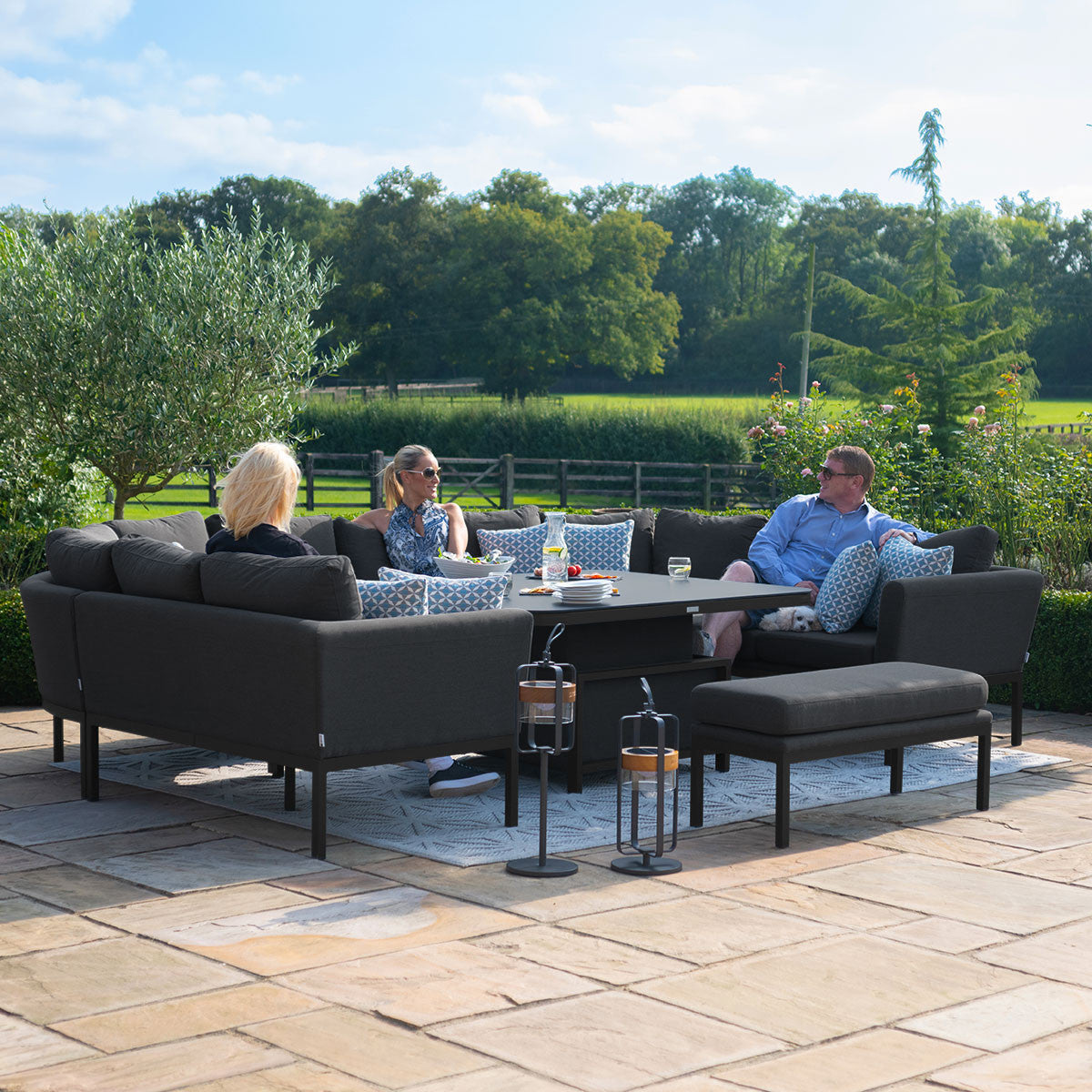 Maze Pulse Charcoal Black Square Outdoor U Shape Sofa Dining Set with Rising Table | 8-10 Seater