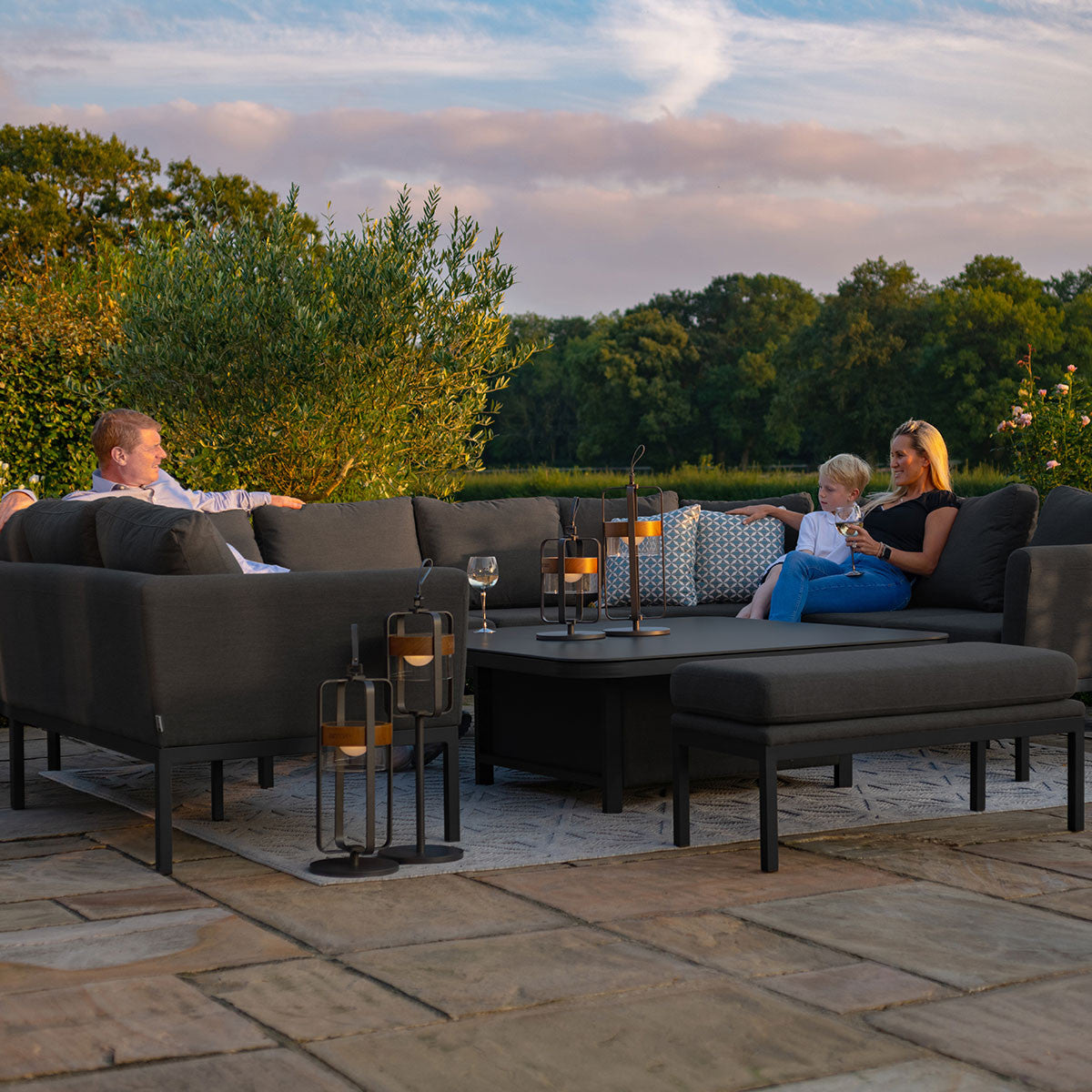 Maze Pulse Charcoal Black Square Outdoor U Shape Sofa Dining Set with Rising Table | 8-10 Seater