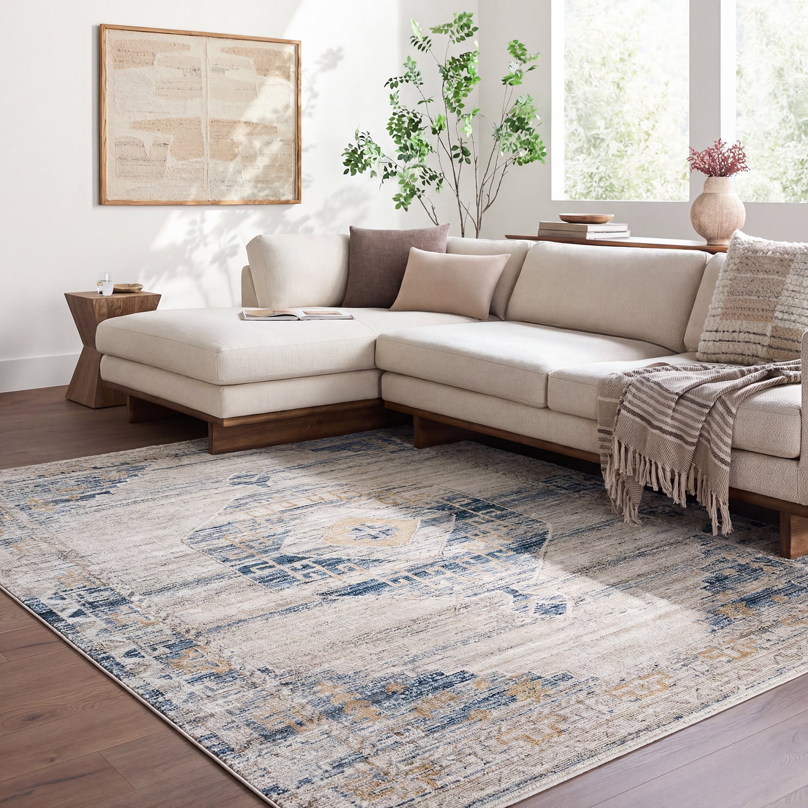 Fifth Avenue Vintage Traditional Boho Fringe Grey & Light Grey & Off White Polypropylene & Polyester Rug 152x225cm - room setting