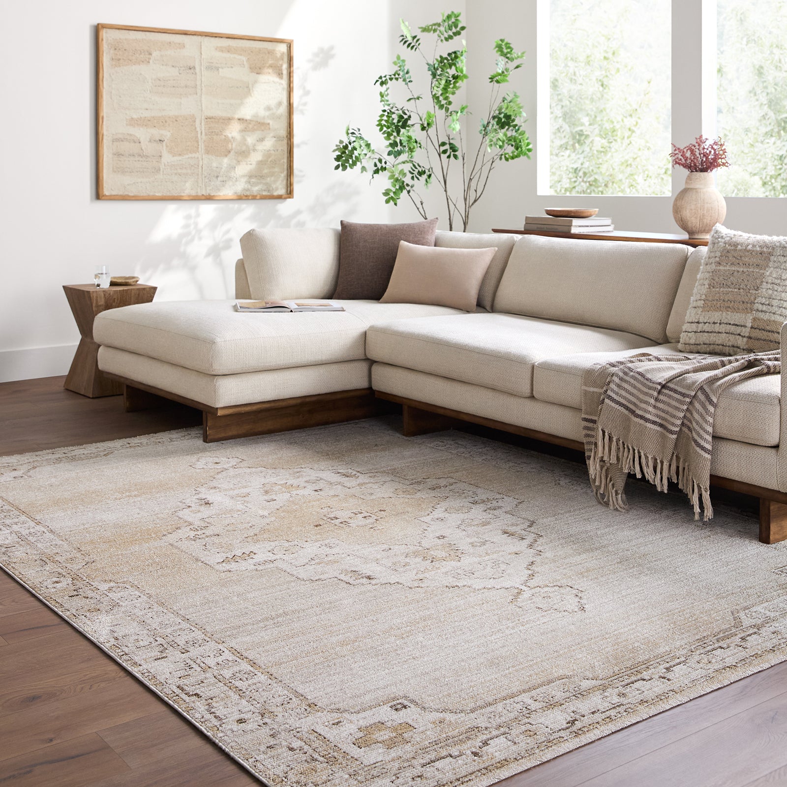 Fifth Avenue Vintage Traditional Boho Fringe Brown & Light Grey & Off White Polypropylene & Polyester Rug 152x225cm - room setting