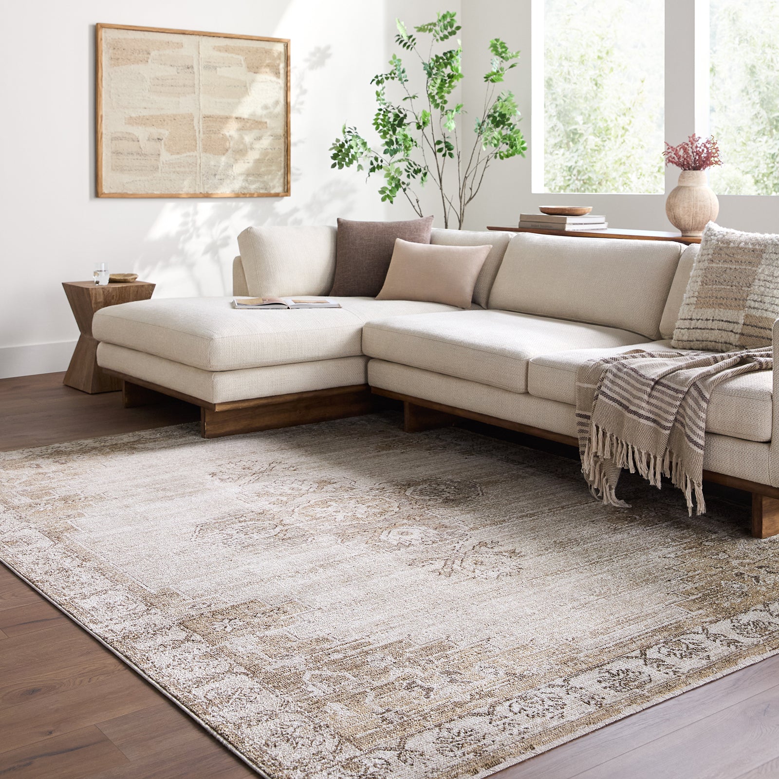 Fifth Avenue Vintage Traditional Boho Fringe Brown & Light Grey & Off White Polypropylene & Polyester Rug 152x225cm - room setting