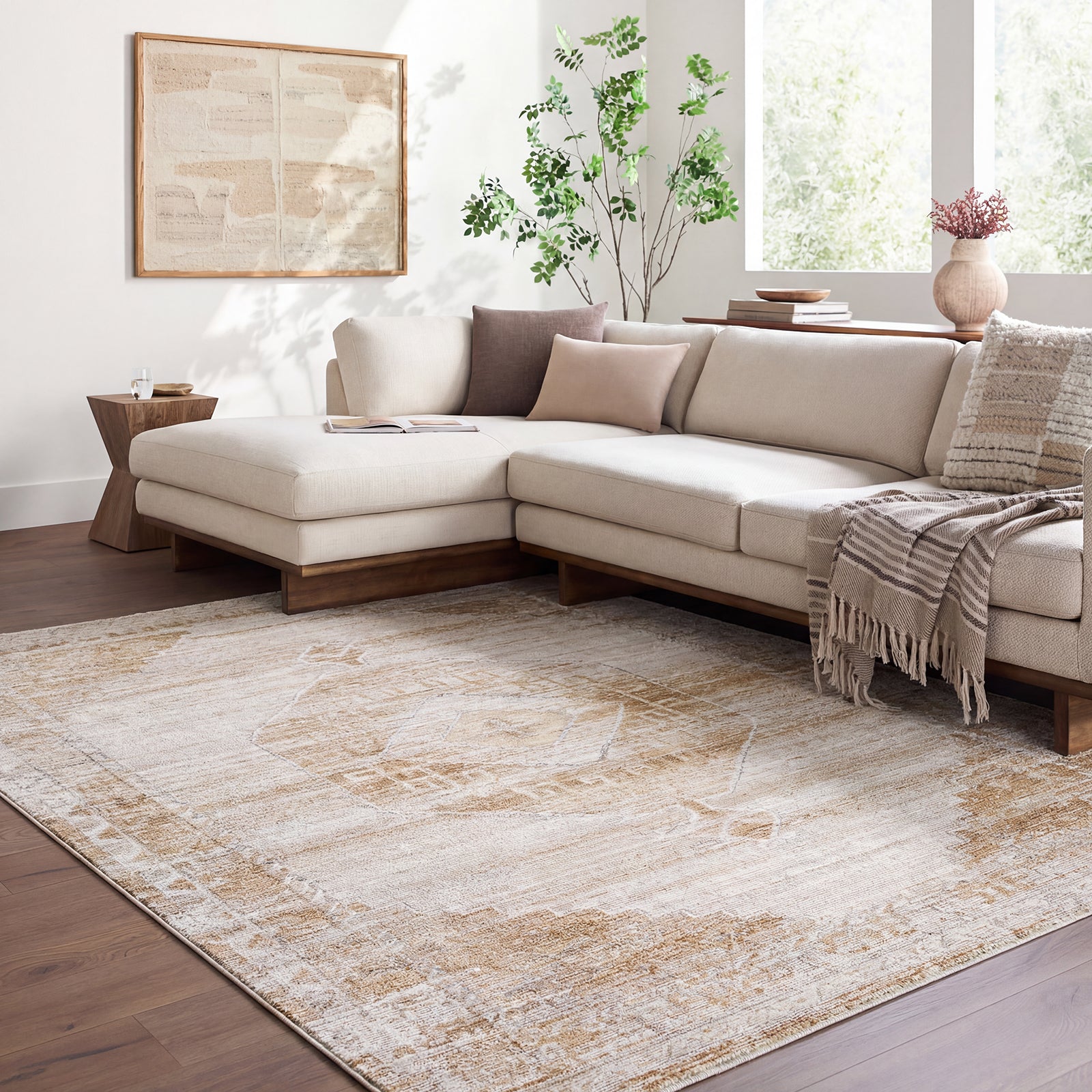 Fifth Avenue Vintage Traditional Boho Fringe Brown & Light Grey & Off White Polypropylene & Polyester Rug 152x225cm - second room setting