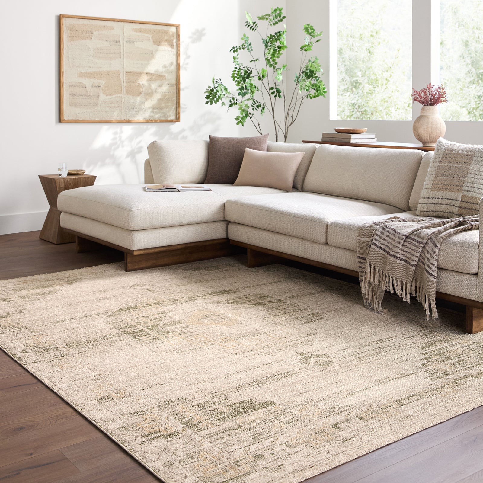 Fifth Avenue Vintage Traditional Boho Fringe Green & Light Grey & Off White Polypropylene & Polyester Rug 152x225cm - room setting