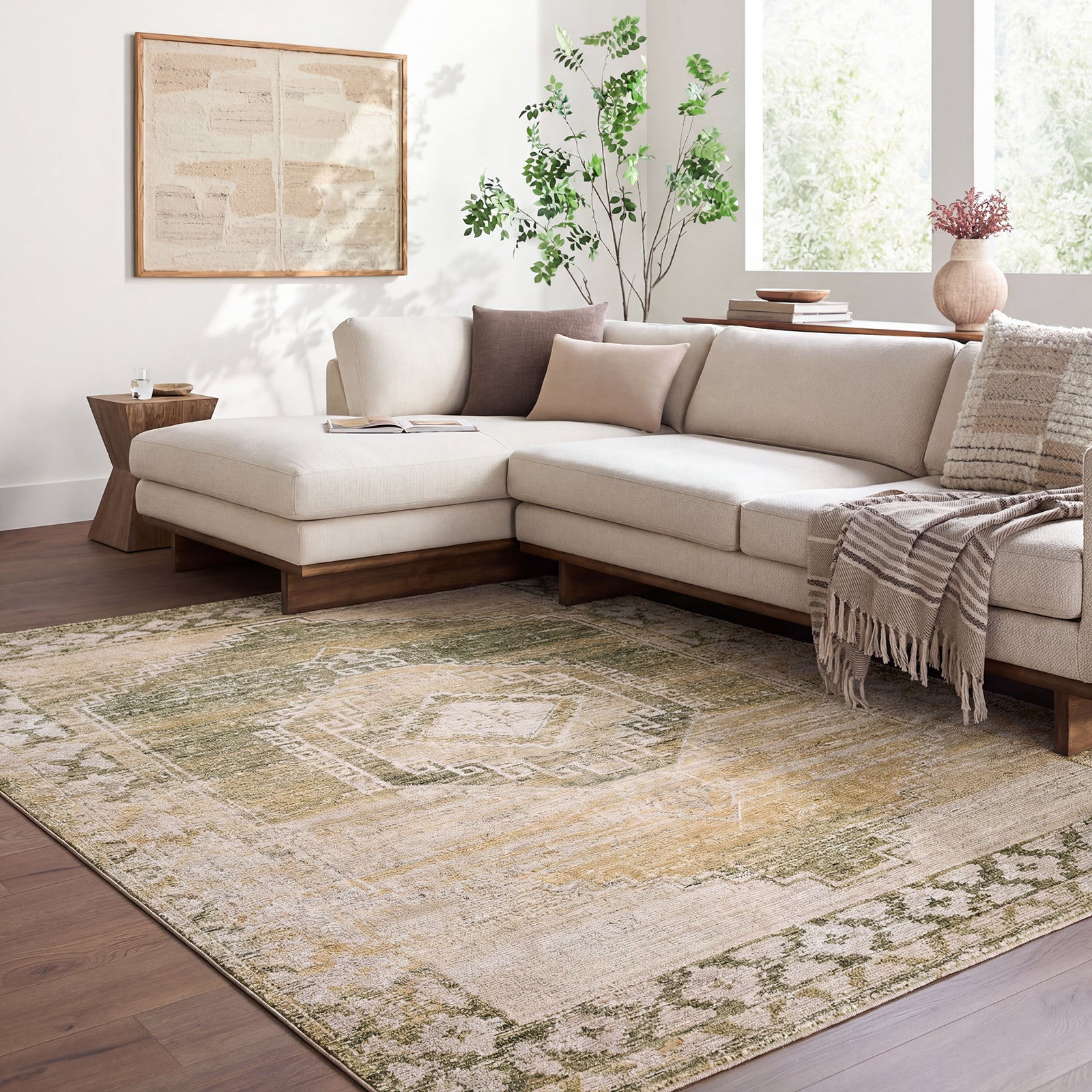 Fifth Avenue Vintage Traditional Boho Fringe Green & Light Grey & Tan Polypropylene & Polyester Rug 200x275cm - room setting