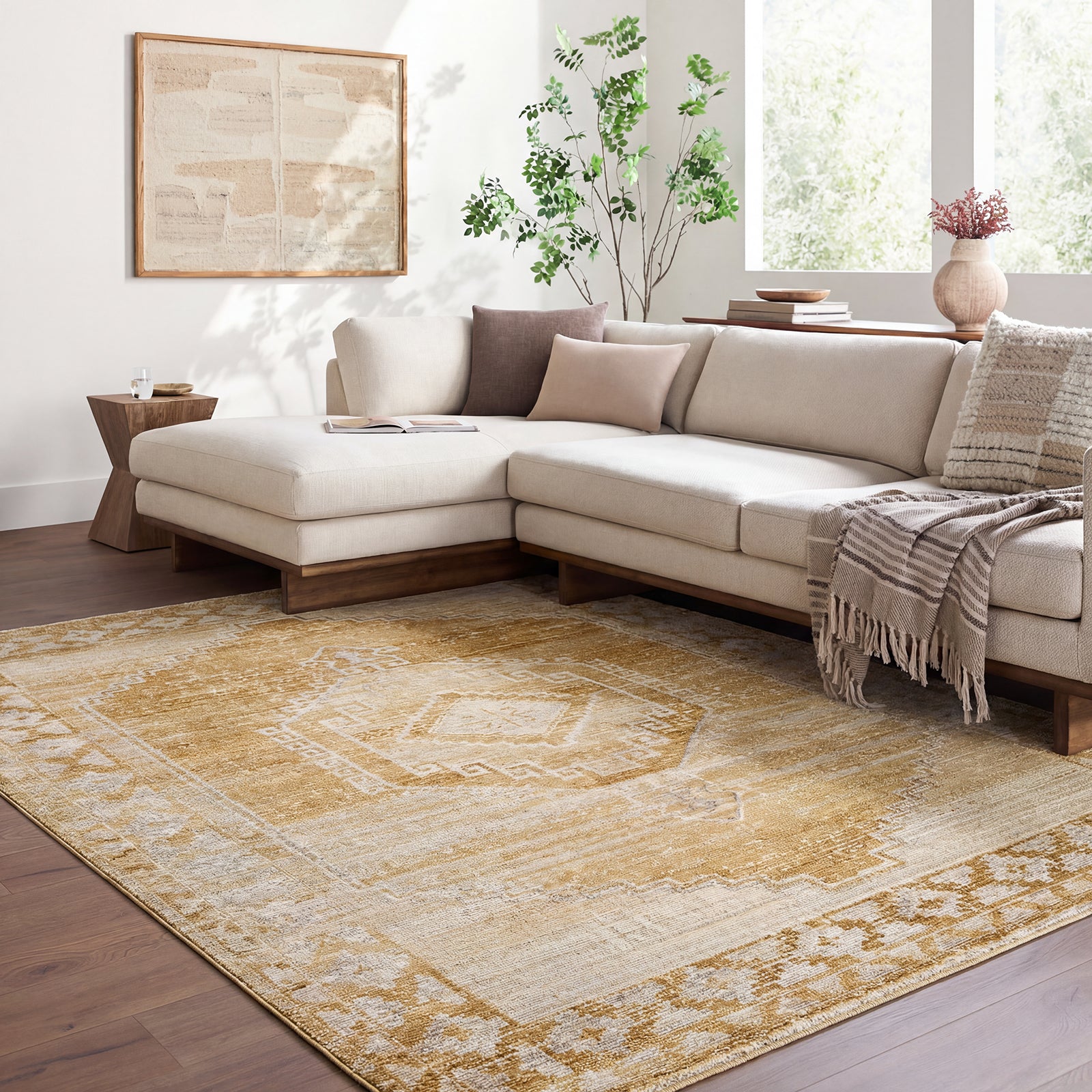 Fifth Avenue Vintage Traditional Boho Fringe Tan & Light Grey Polypropylene & Polyester Rug 152x225cm - room setting