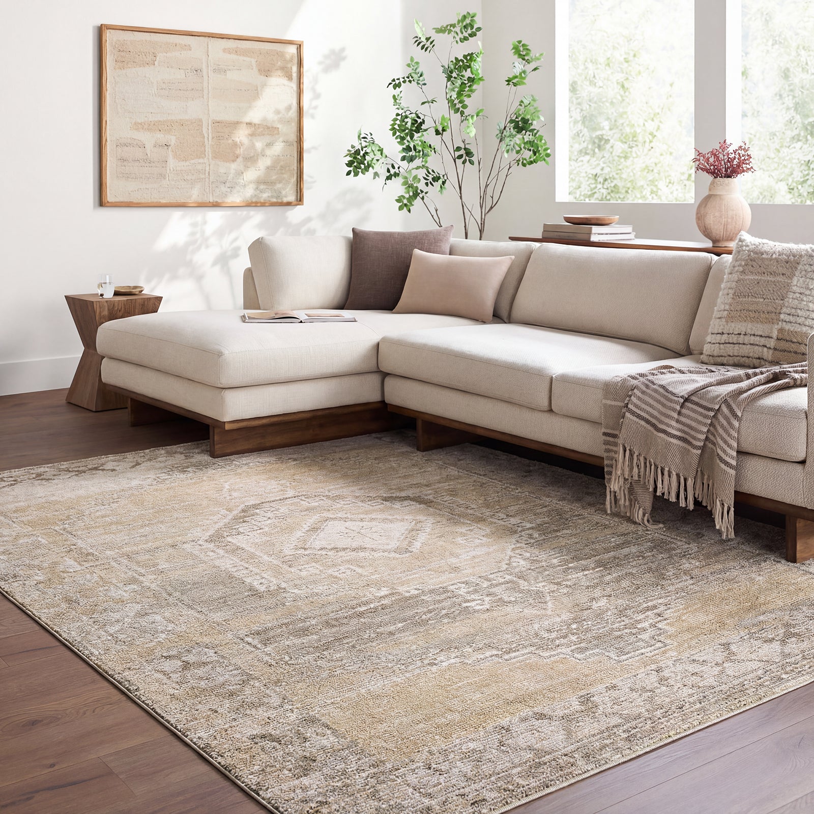 Fifth Avenue Vintage Traditional Boho Fringe Grey & Light Grey & Taupe Polypropylene & Polyester Rug 152x225cm - room setting