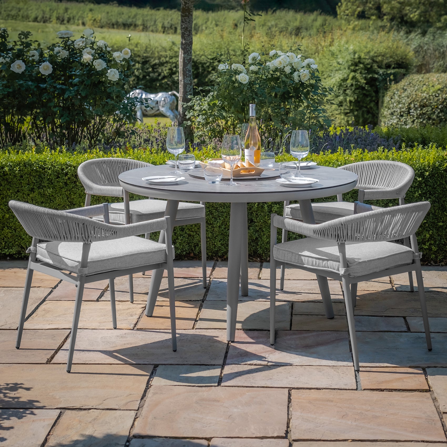 Florence Grey Cool Linen Round Outdoor Dining Set with Lazy Susan | 4 Seater