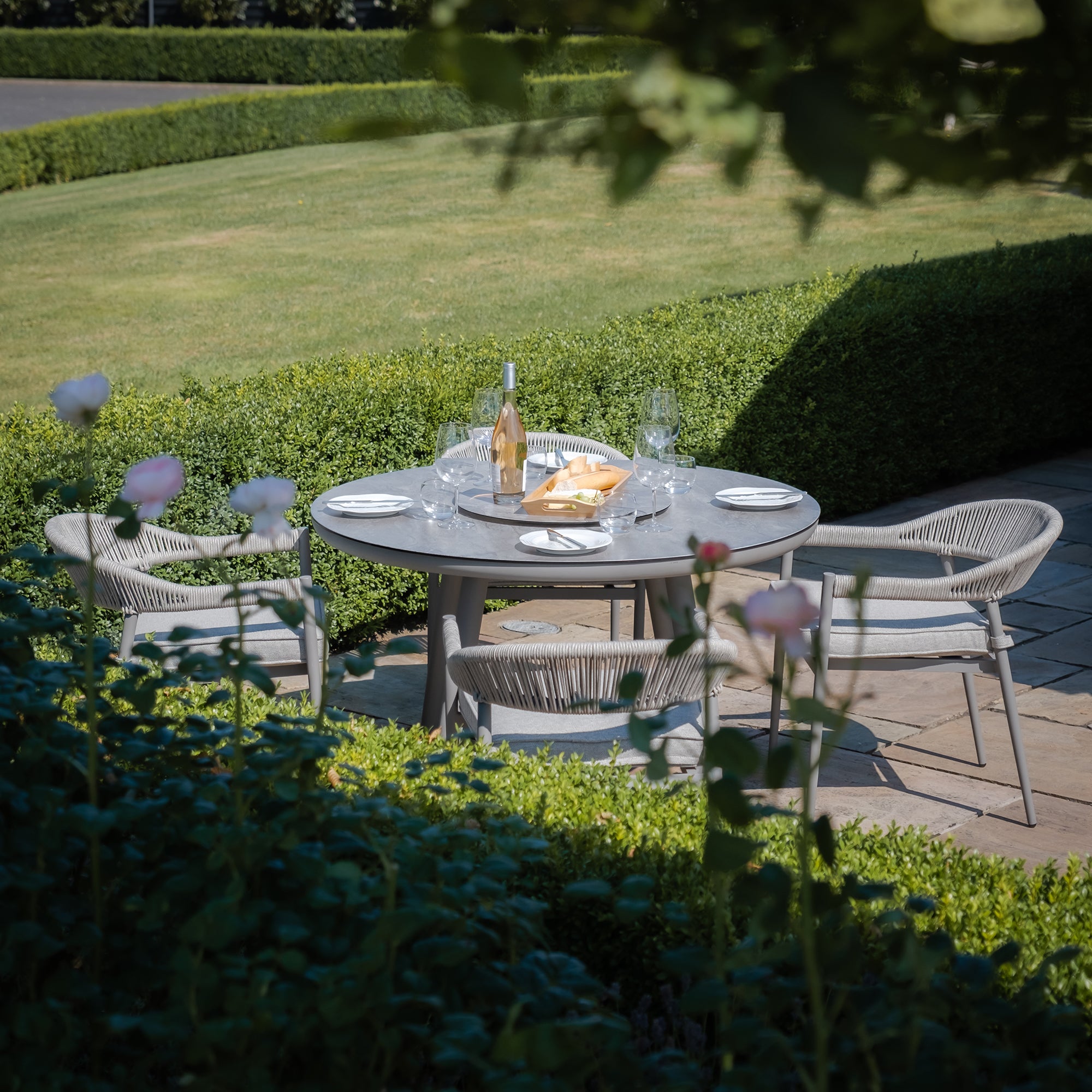 Florence Grey Cool Linen Round Outdoor Dining Set with Lazy Susan | 4 Seater