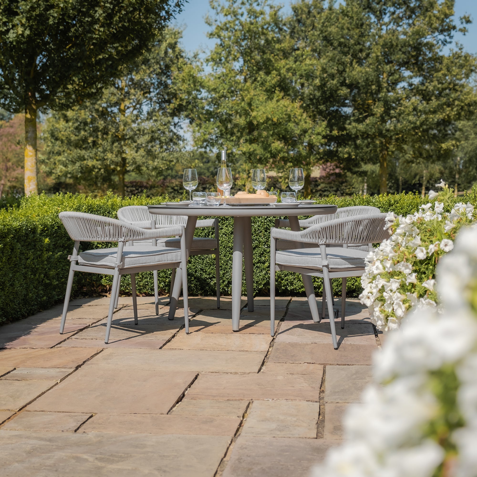 Florence Grey Cool Linen Round Outdoor Dining Set with Lazy Susan | 4 Seater