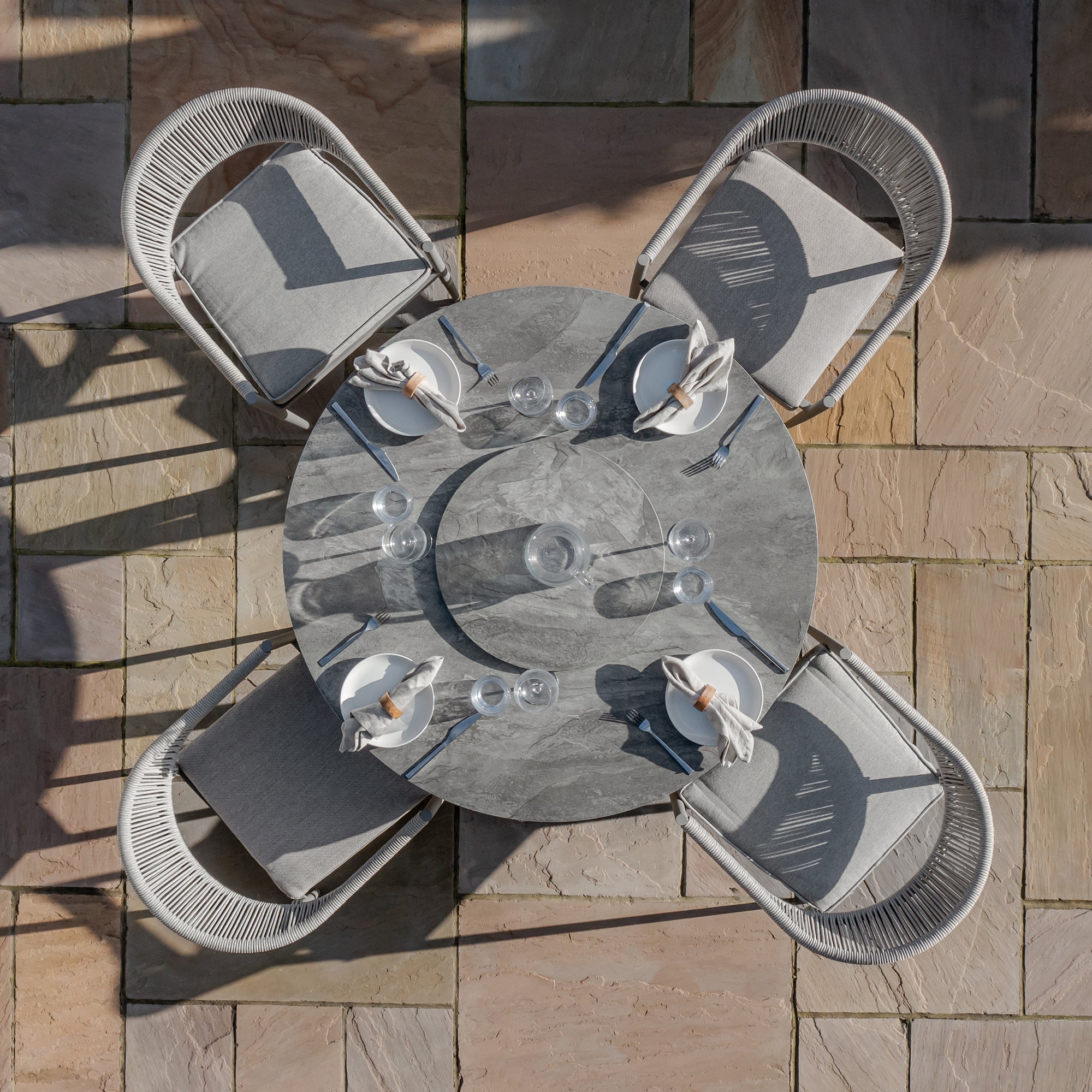 Florence Grey Cool Linen Round Outdoor Dining Set with Lazy Susan | 4 Seater
