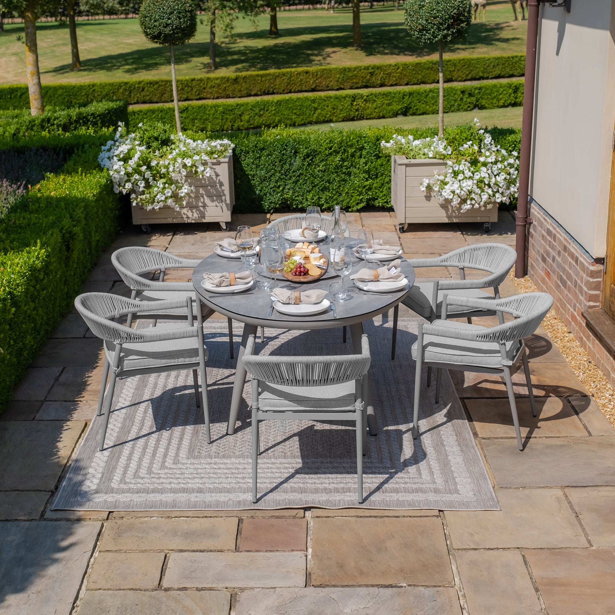 Florence 6 Seater Oval Dining Set with Lazy Susan - Cool Linen