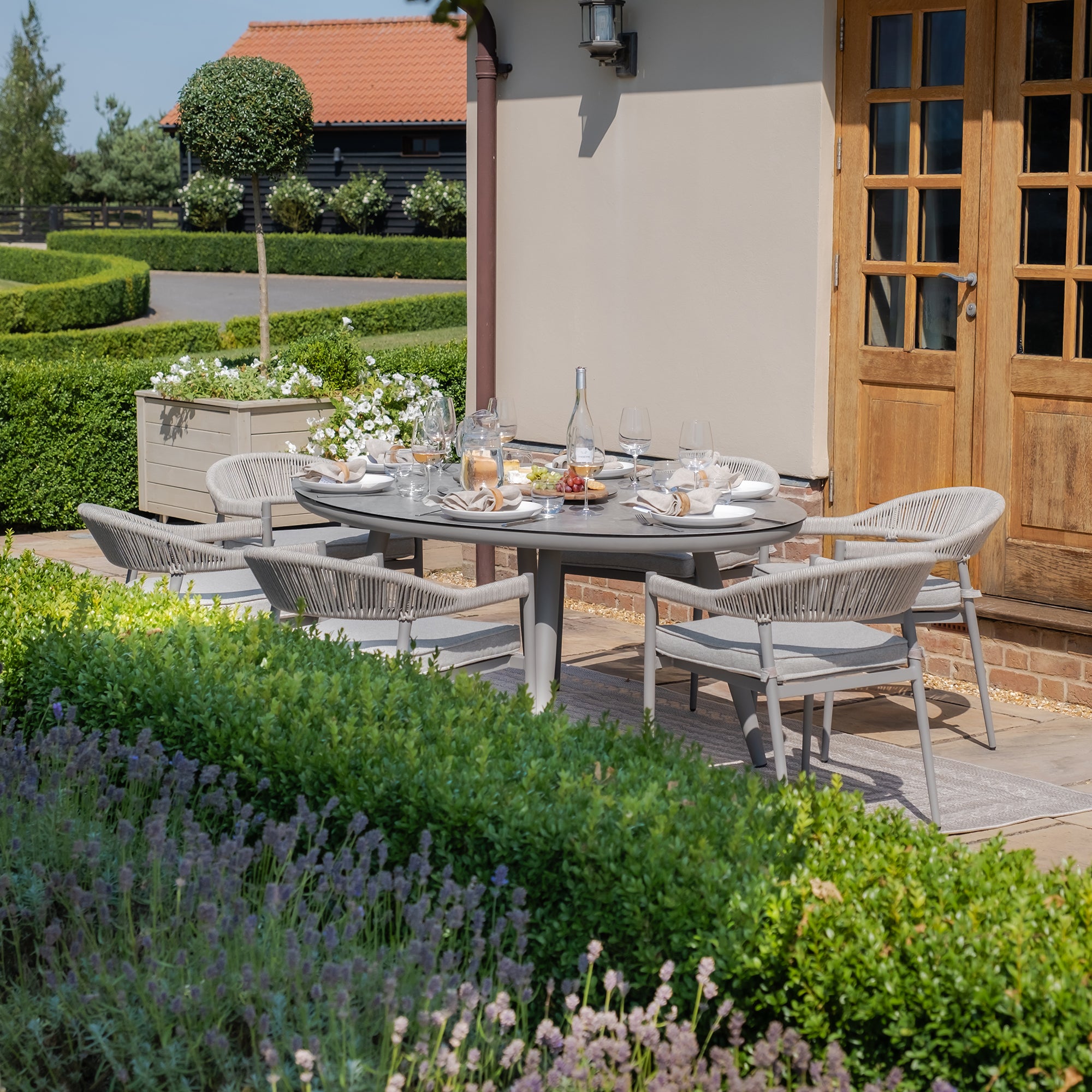 Florence 6 Seater Oval Dining Set with Lazy Susan - Cool Linen