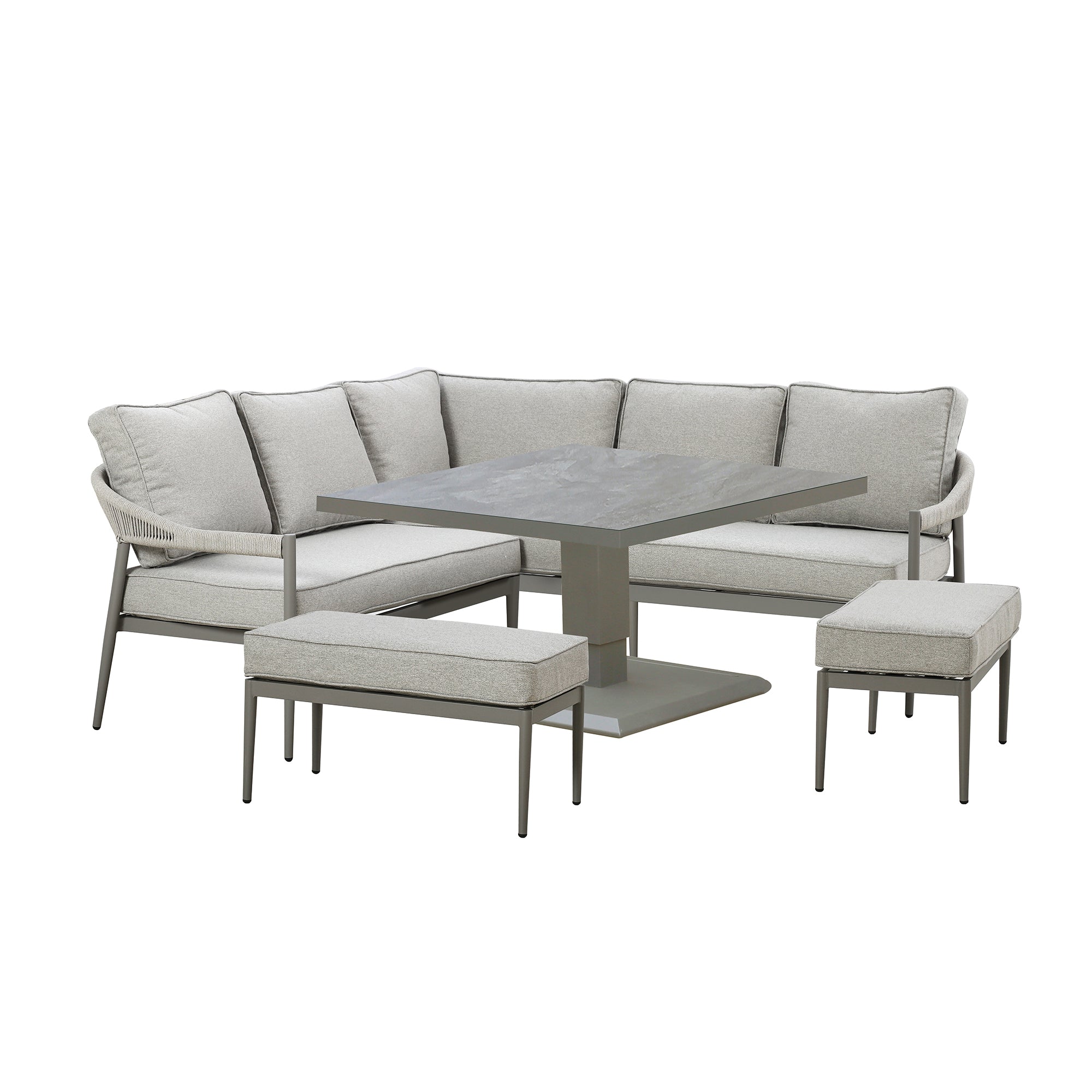Florence Grey Cool Linen Corner Outdoor Dining Set with Square Rising Table Small