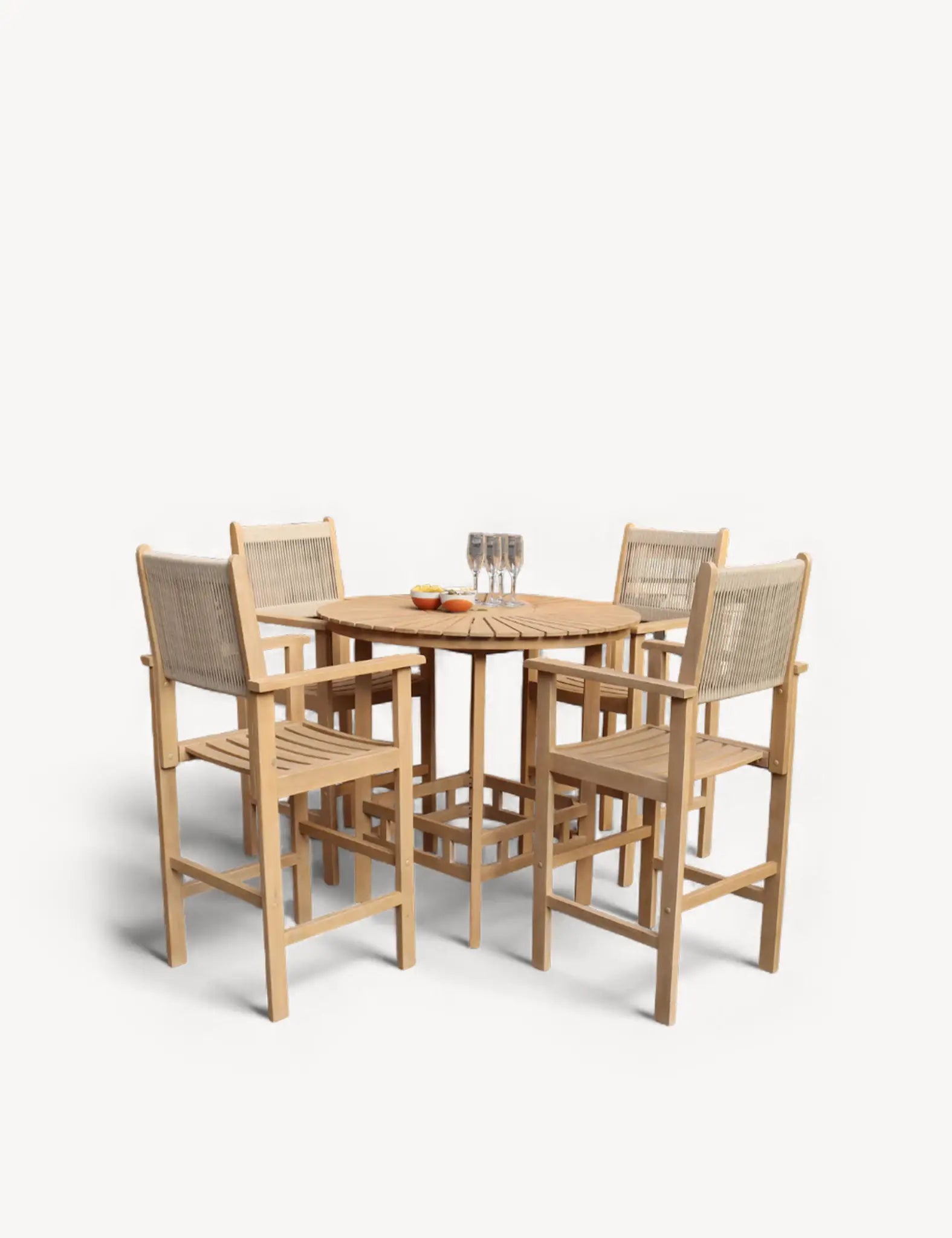 Bella 100cm Wood Round Sunray High Bar Table with 4 Bella Rope Bar Stools