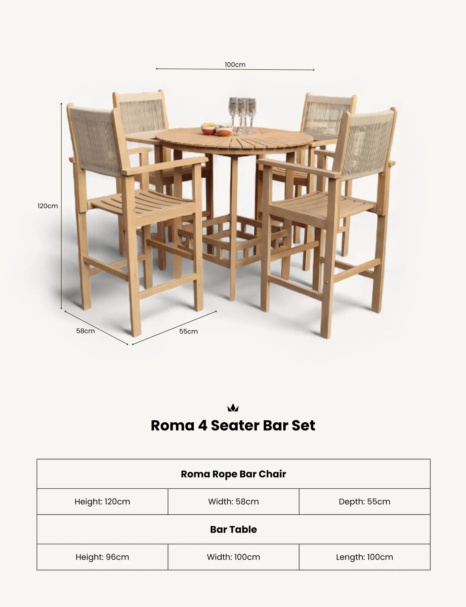 Bella 100cm Wood Round Sunray High Bar Table with 4 Bella Rope Bar Stools