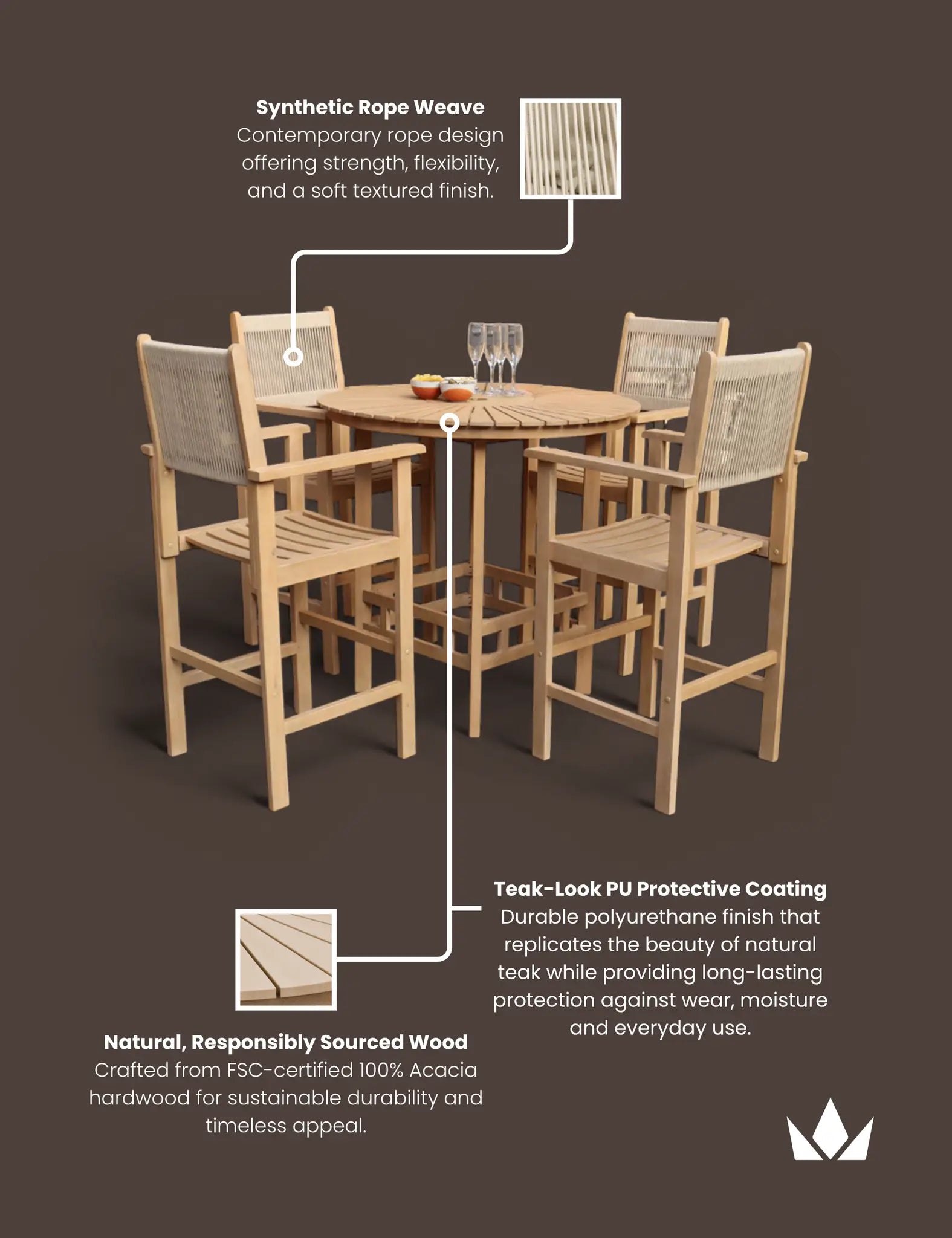 Bella 100cm Wood Round Sunray High Bar Table with 4 Bella Rope Bar Stools