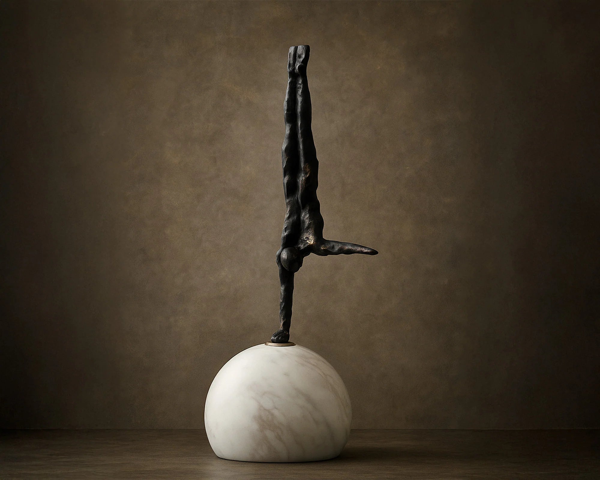 Handstand Dark Bronze Cast Iron & White Marble Sculpture