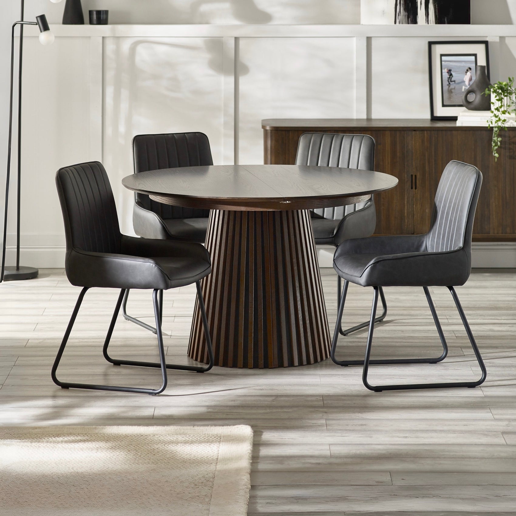 Pedra Dark Oak Wood Slatted Extending Dining Table