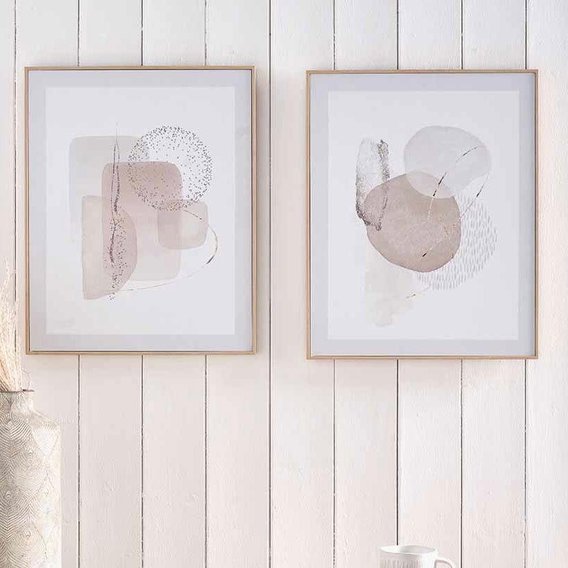 Set of 2 Natural Abstract Canvas Wall Art with Natural Wood Frames