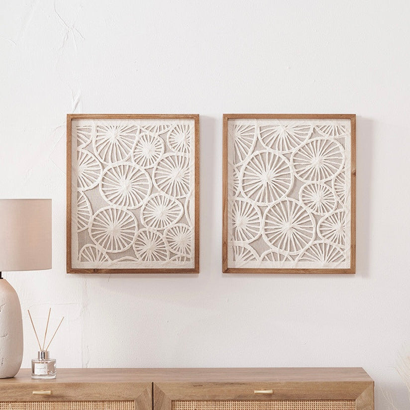 Set of 2 Cut Out Pattern Natural Paper Design Wall Art with Natural Wood Frame