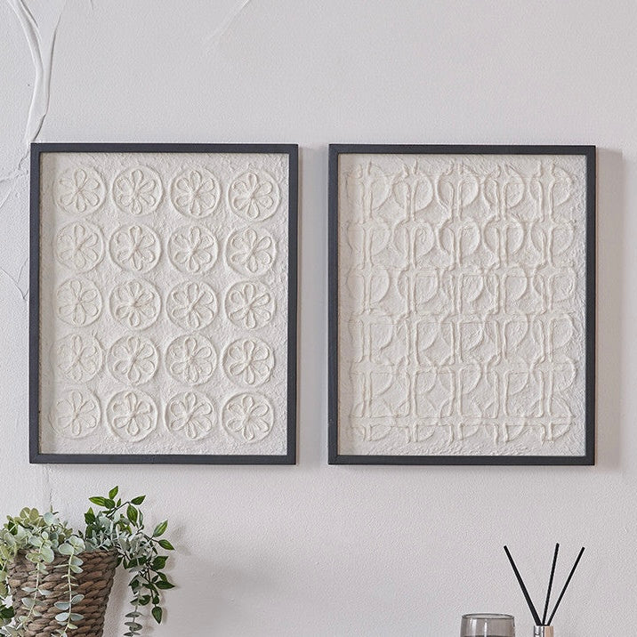 Set of 2 Circular Pattern Natural Paper Design Wall Art with Black Wood Frame