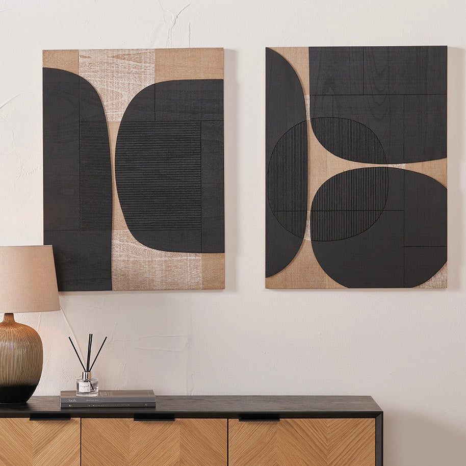 Set of 2 Black & Natural Wooden Textured Design Wall Art