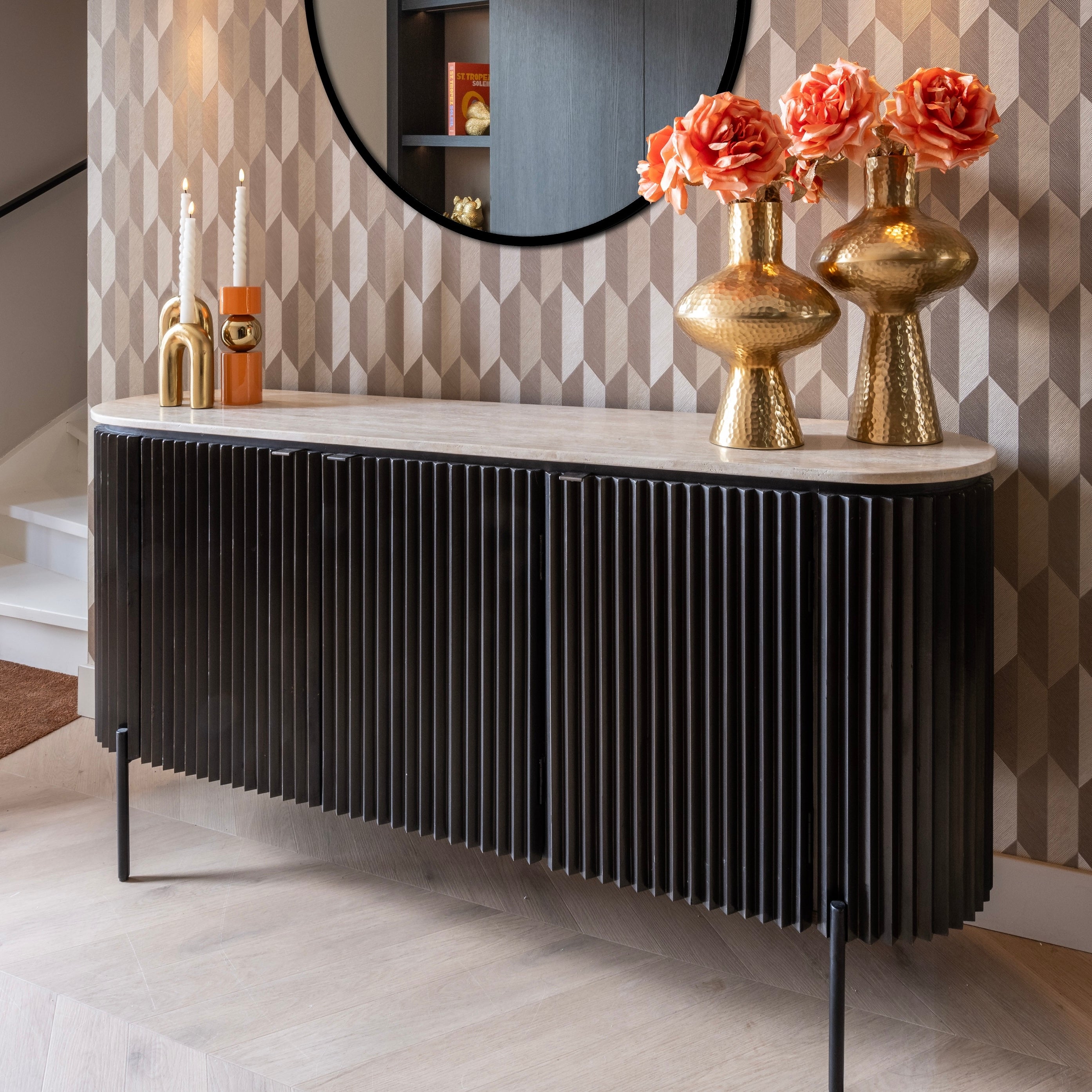 Richmond Interiors Hampton Black Wood & Beige Travertine Sideboard