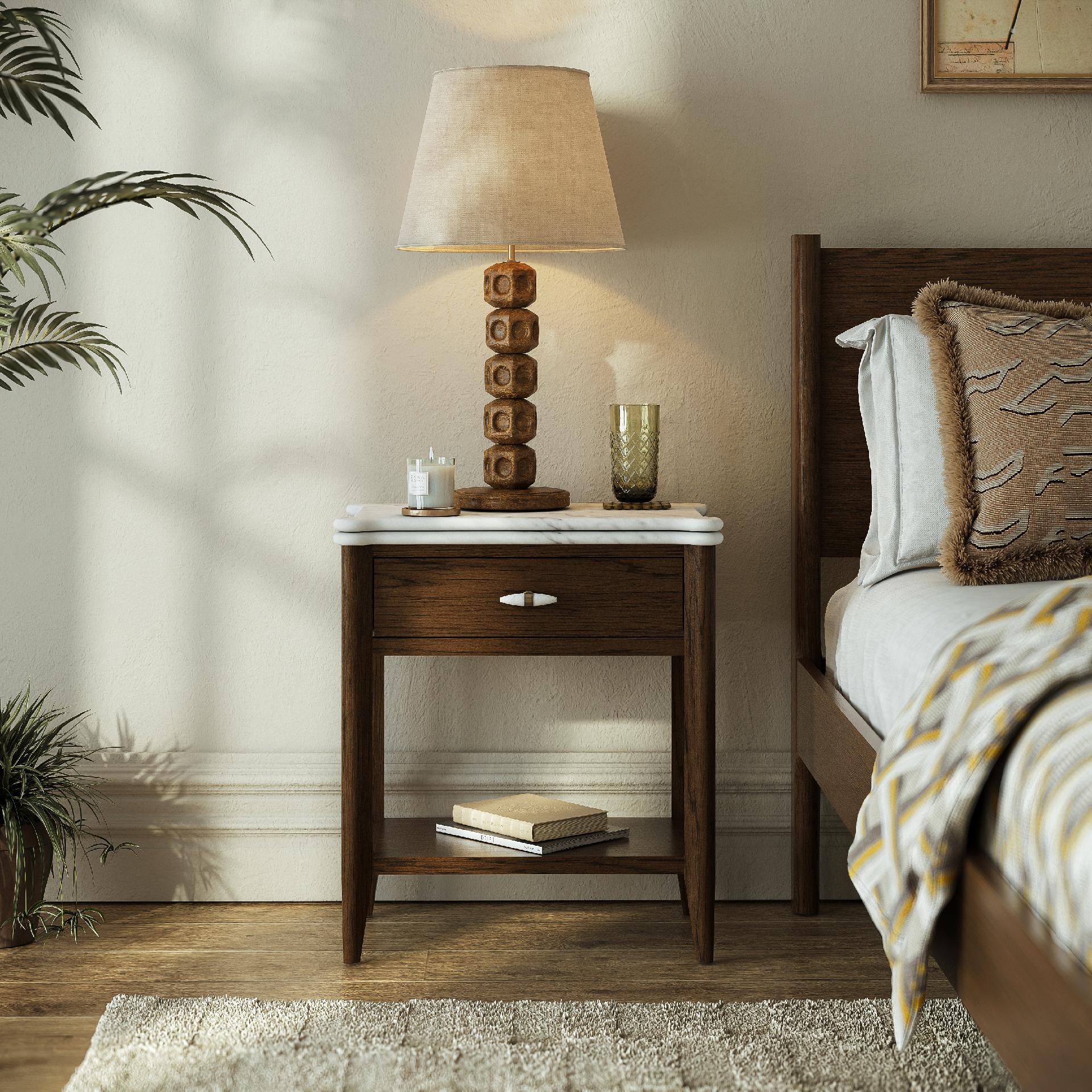 Viera Brown Wood & White Marble Side Table