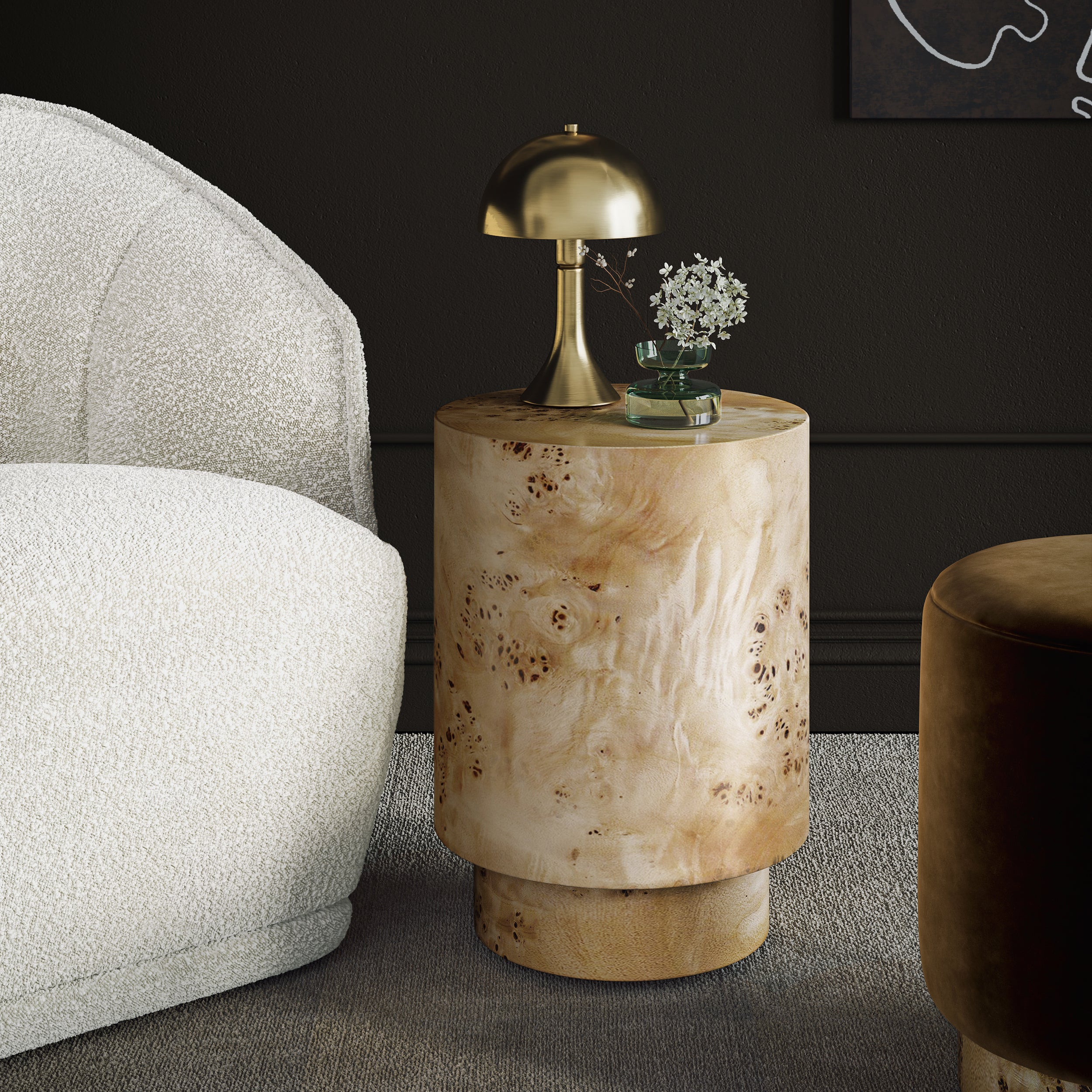 Denver Natural Burl Wood Round Drum Side Table