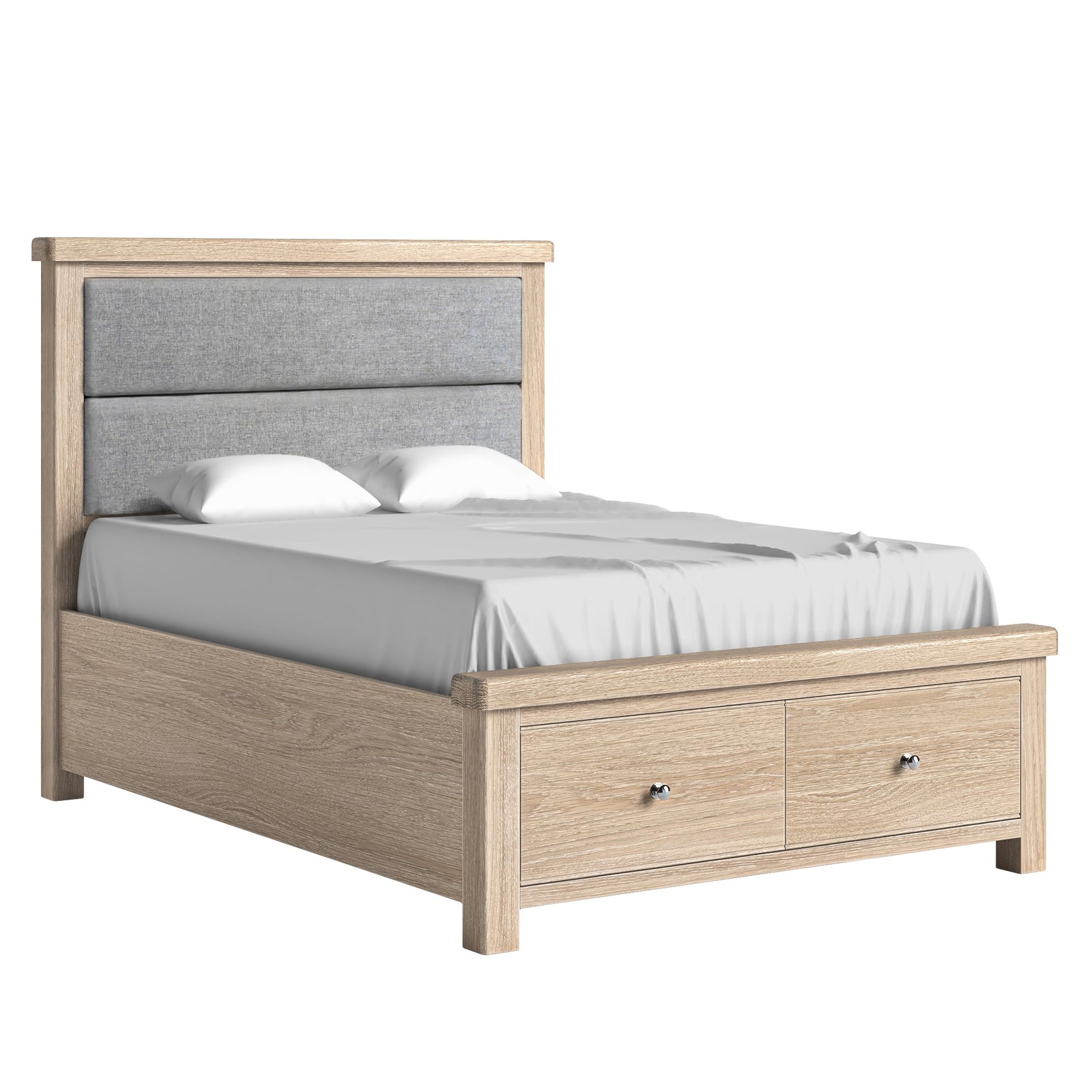 Jackson Whitewash Oak Wood Double Bed - Grey Headboard