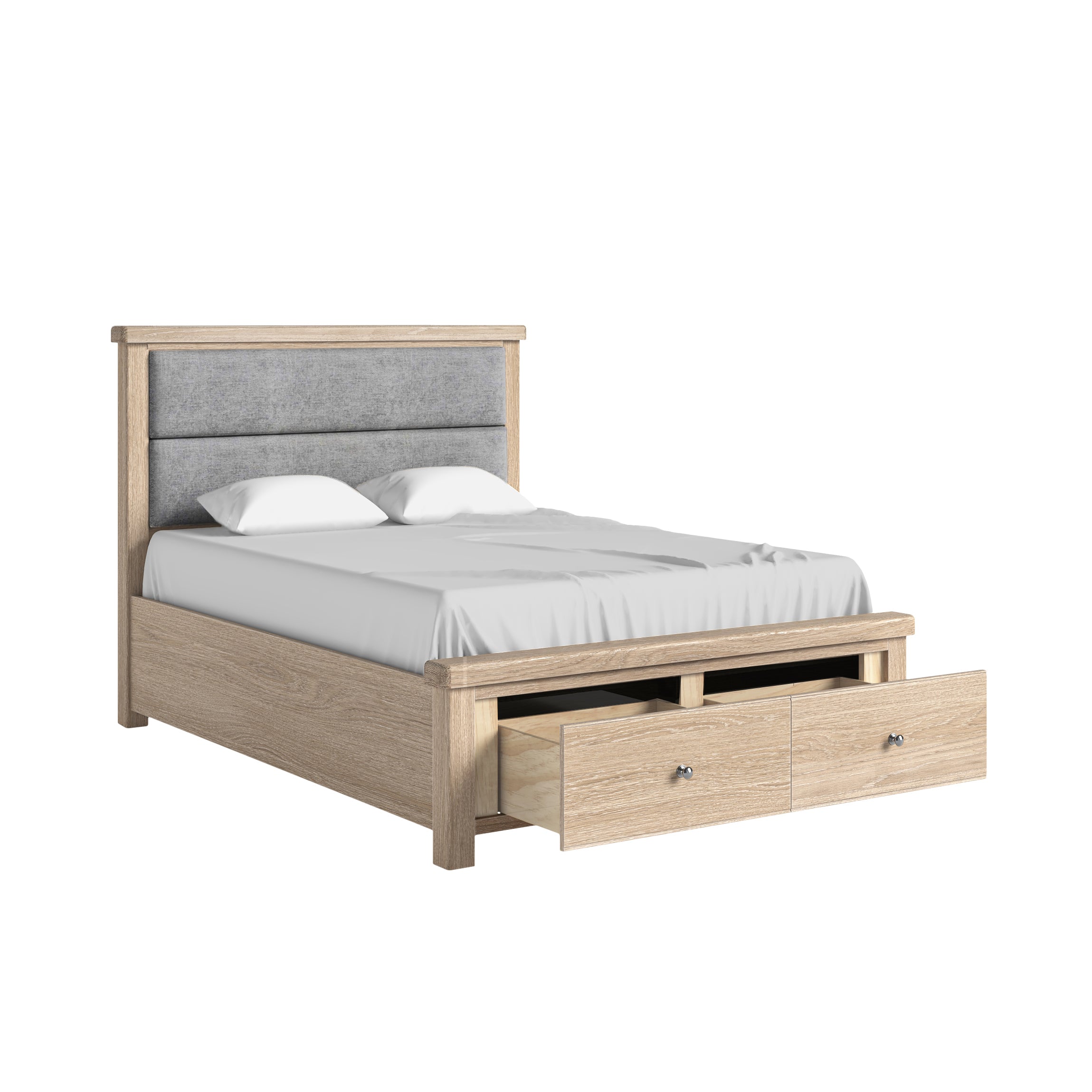 Jackson Whitewash Oak Wood King Size Bed - Grey Headboard