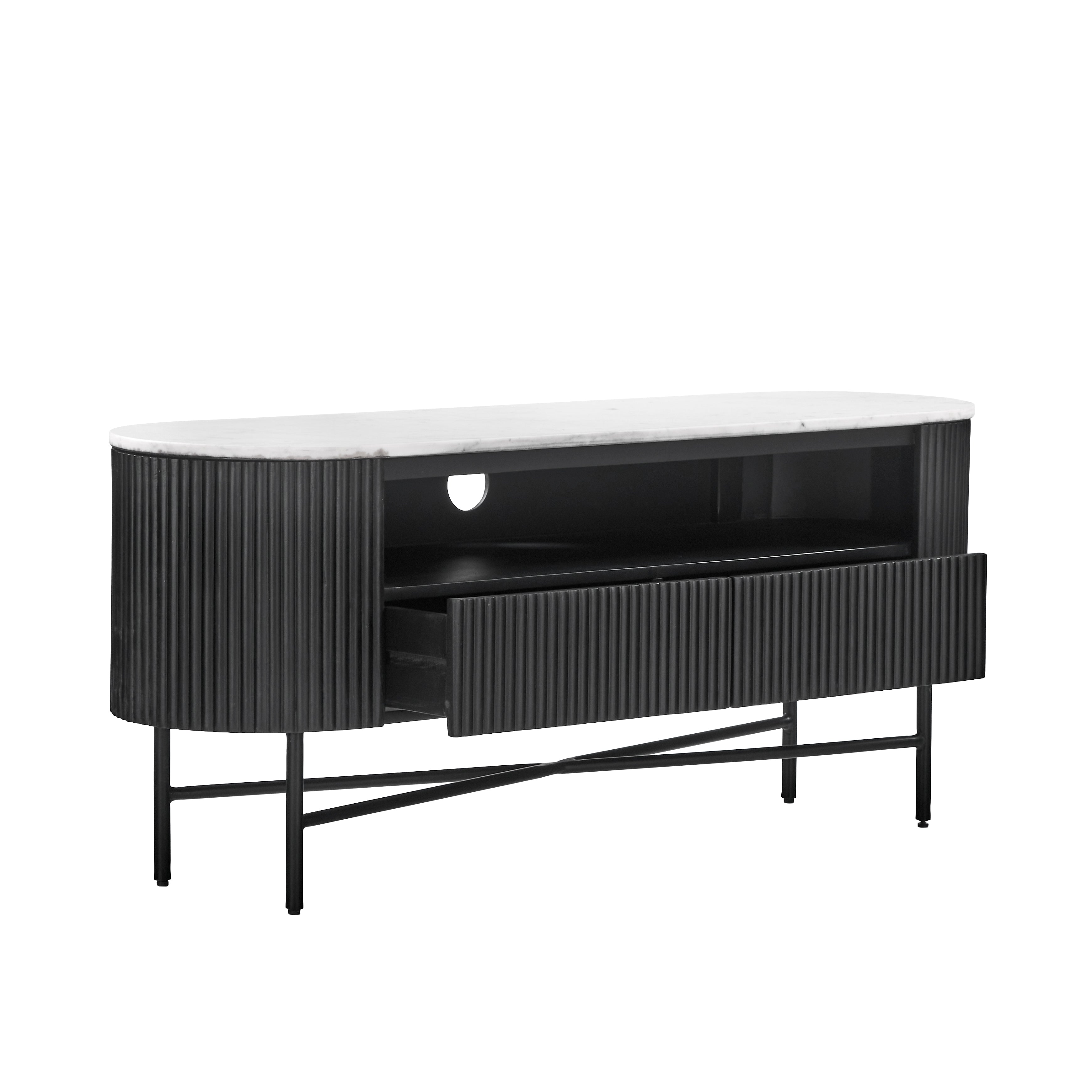 Hudson Black Ribbed Mango Wood & White Marble Small TV Unit
